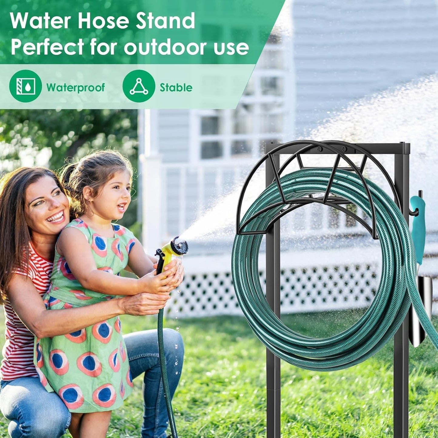 TomCare Garden Hose Holder 4 Spikes Garden Hose Reel Hose Stand Upgraded Water Hose Storage with Tool Hooks Garden Hose Hanger Organizer Holds 160ft Hoses for Outside Yard Lawn, Black