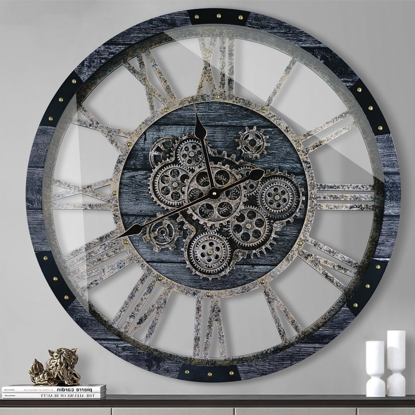 TOPPTIK 30 Inch Industrial Steampunk Wall Clock, Gray, Battery Operated, Real Rotating Gears, Solid Wood Frame, Oversized Wall Clock for Living Room Decor