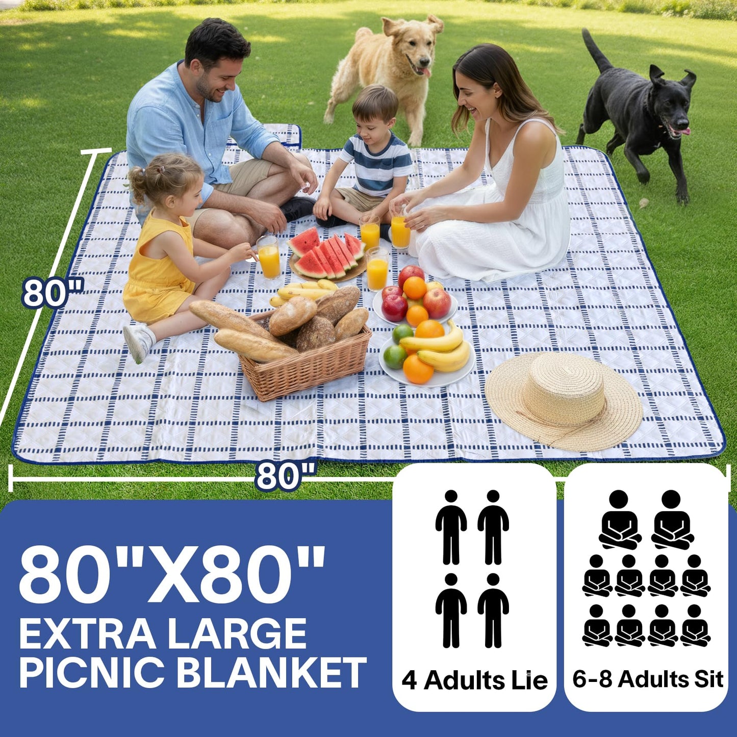 Alvantor® Extra Large Picnic Outdoor Blanket, 80"x 80" Waterproof Foldable Camping Blankets, Portable Picnic Mat for Travel, Park, and Beach, Sandproof, Soft & Durable, Bule