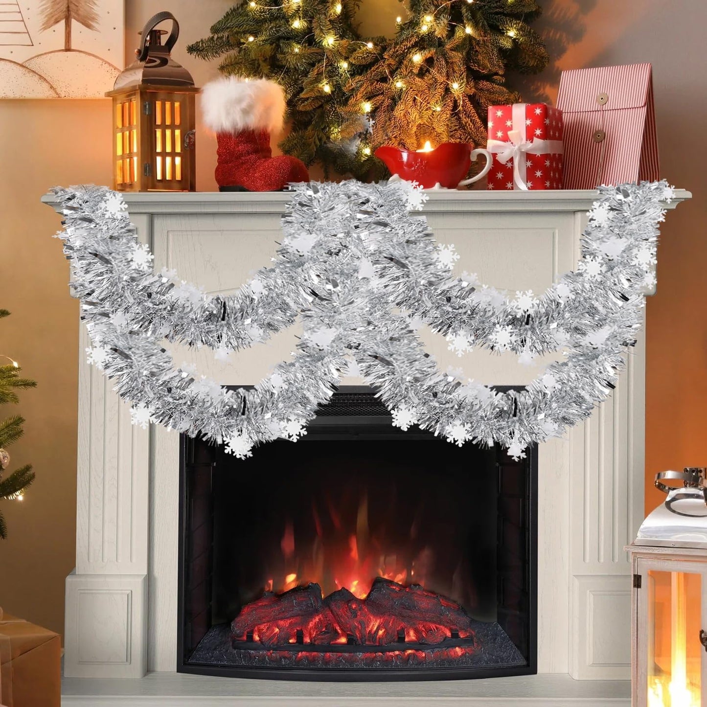 FOIMAS 33 Feet Christmas Tinsel Garland, Metallic Silver Christmas Snowflake Hanging Garland for Xmas Tree Fireplace Home Decoration (Silver)