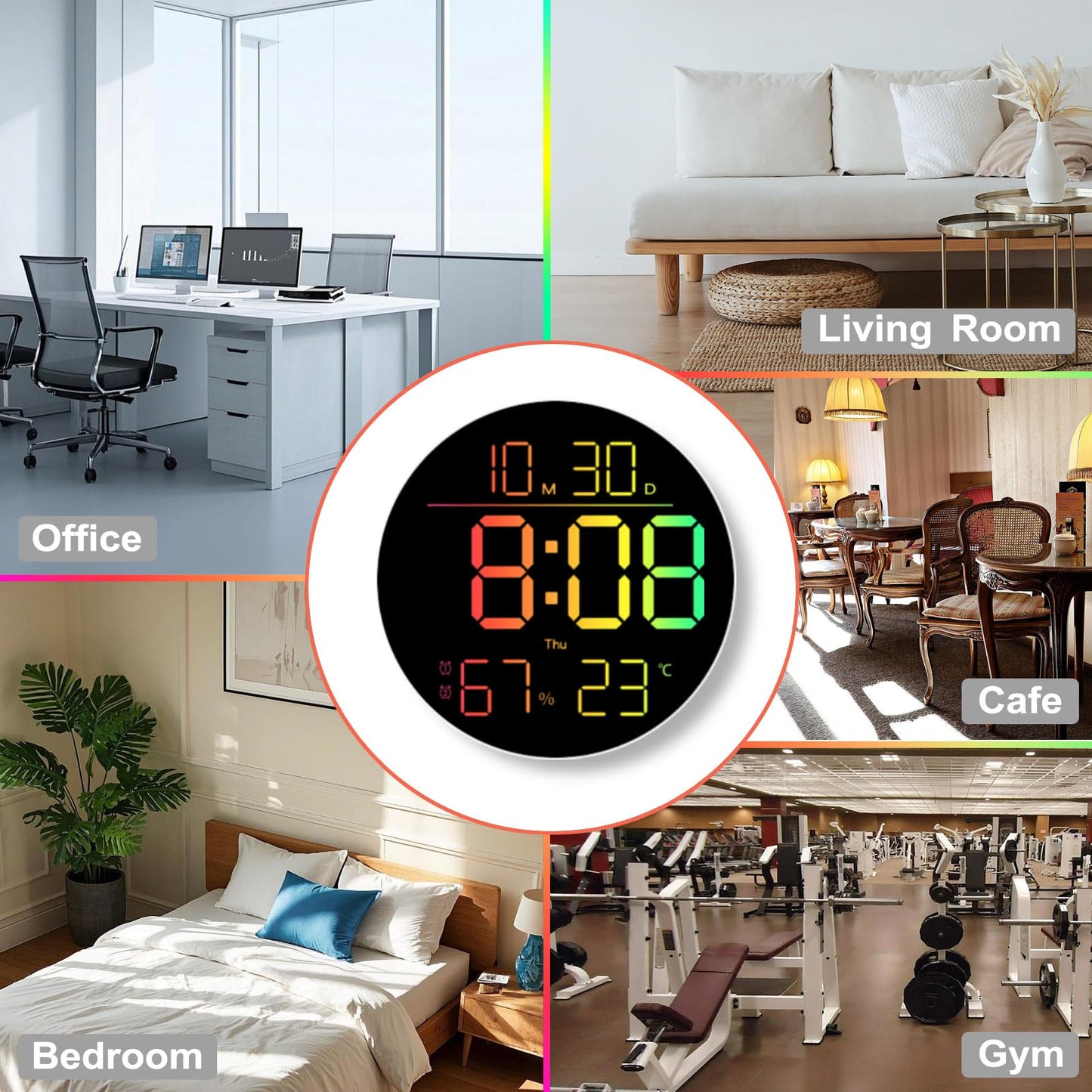 QINFIEY 10 Inch LED Wall Clock with RGB Ambient Light, Auto-Dimming, RGB Color/Time/Date/Temp/Humidity Display, Dual Alarms & Timer, Adjustment Brightness,Digital Round Clock for Bedroom Classroom
