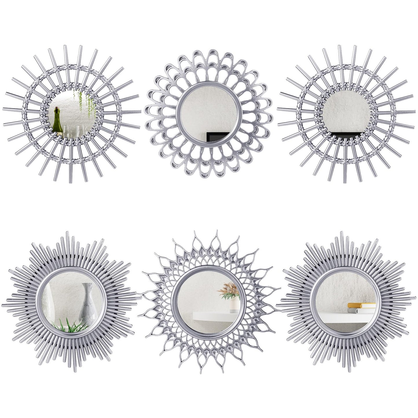 Namalu 6 Pcs Mirrors - Small Circle Sun Mirrors for Decorative Wall Art - Entryway, Bathroom, Bedroom, Living Room (Silver, Classic)