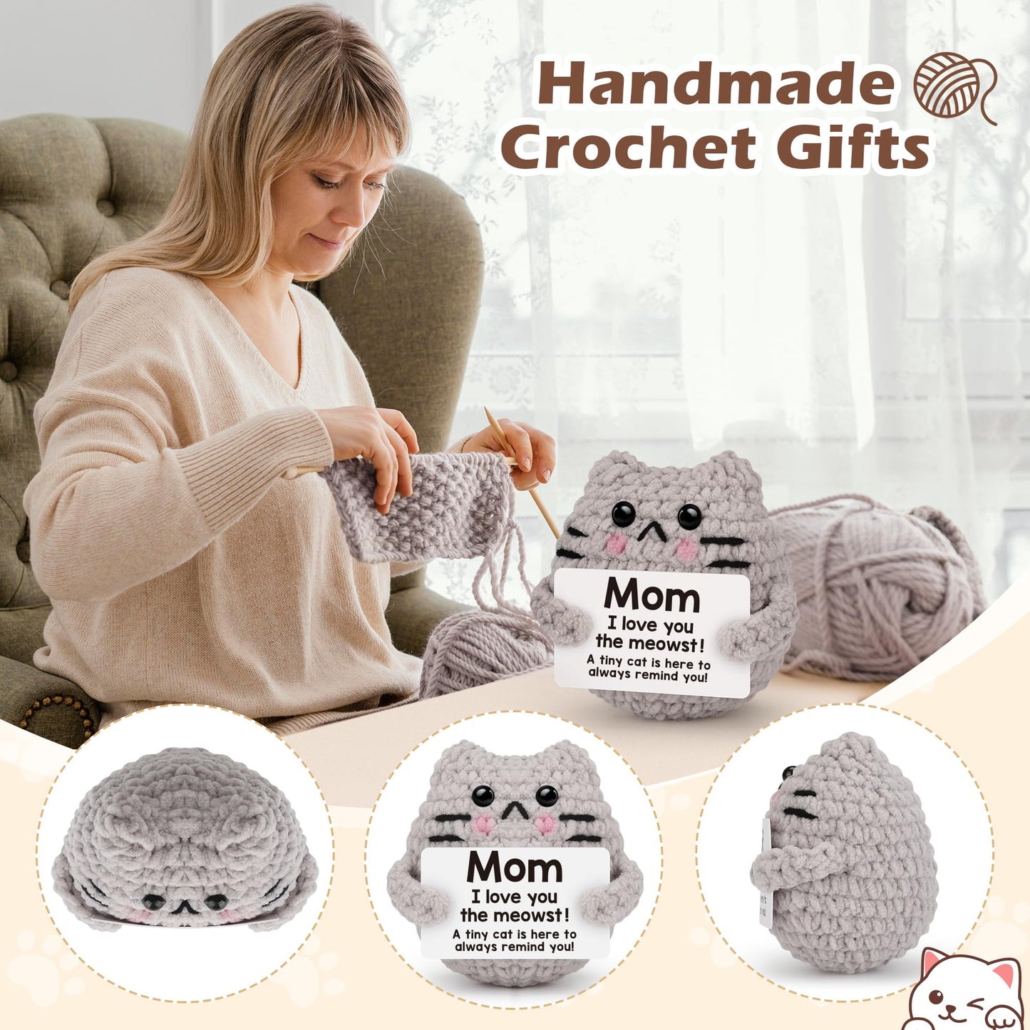 tGifGLonyi Mothers Day Crochet Cat Gifts for Mom from Daughter Son Cute Birthday Gift for Moms Mother Mama, Love You Best Moms Ever Gift for Mother's Day Decoration