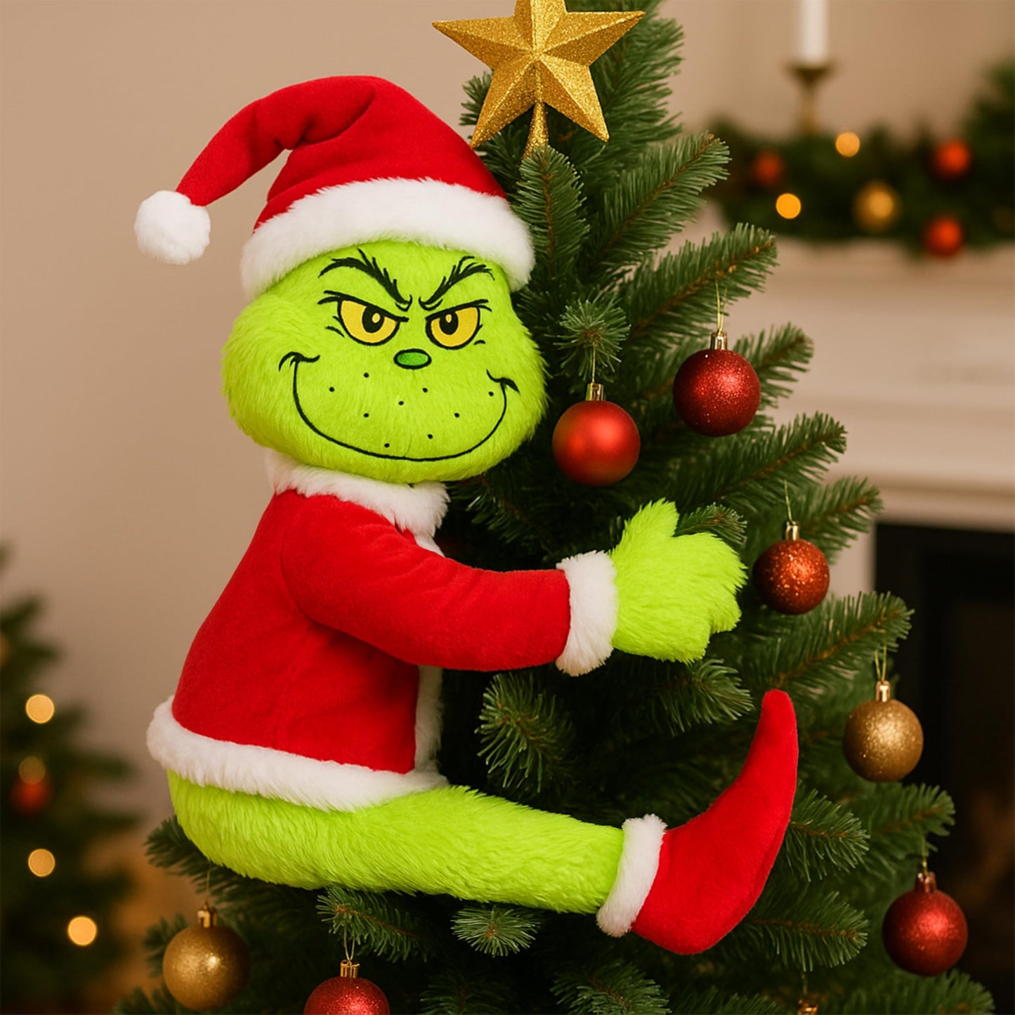 Green Furry Christmas Thief Tree Topper, Holiday Character Tree Hugger Decoration for Wine Bottle Curtain Christmas Tree Ginger Bread Home Decor (1 Pack)