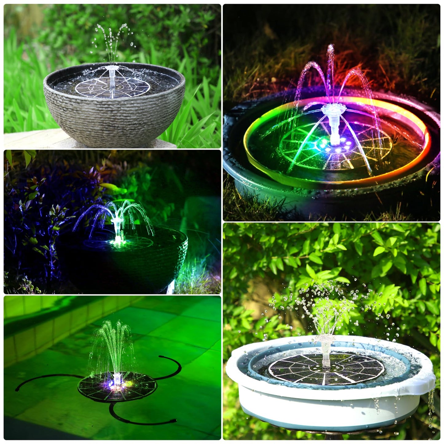 AISITIN 5.5W Solar Fountain Bird Bath with LED Colorful Lights & 3000mAh Battery, Remote Control Solar Pump for Fountain with 8 Nozzles, Solar Water Pump for Garden, Pond and Outdoor