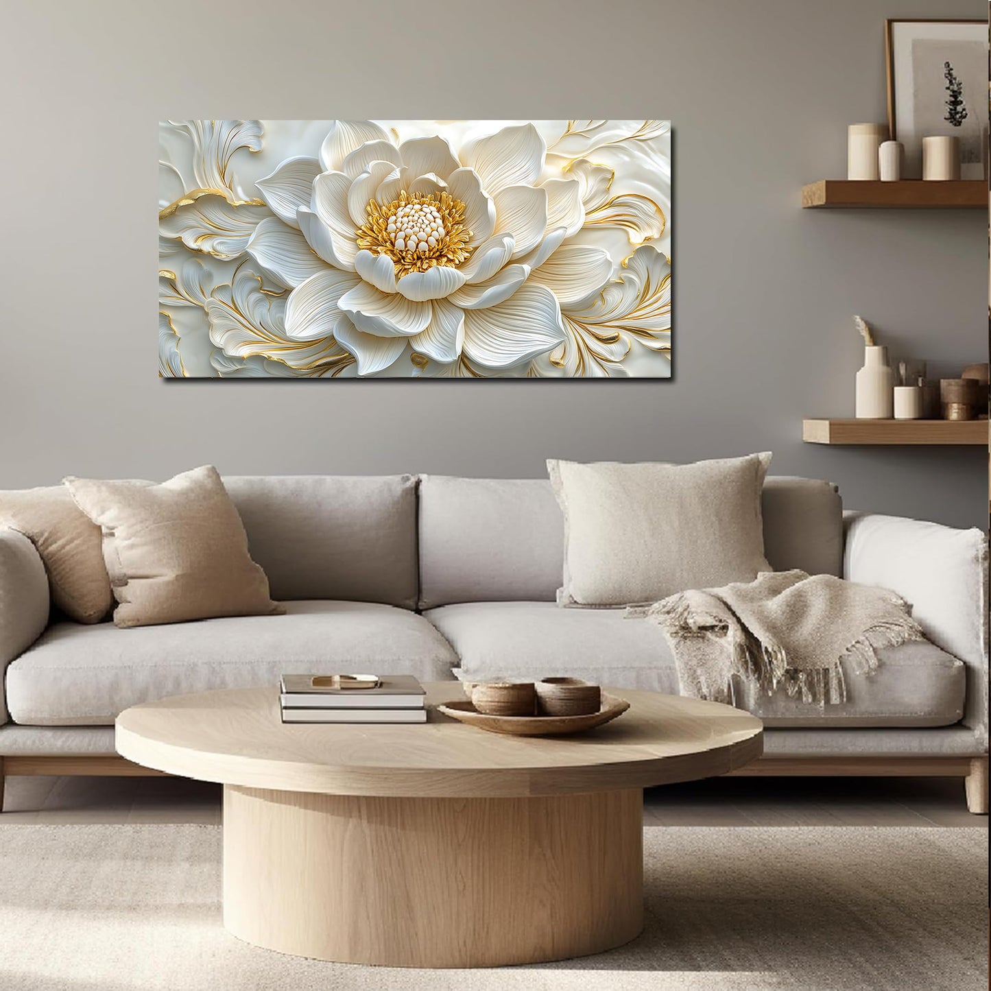 SSNEEKNDG White Floral Wall Art for Living Room Gold Flower Picture Large Botanical Artwork for Bedroom Office Canvas Prints Ready to Hang 20"x40"