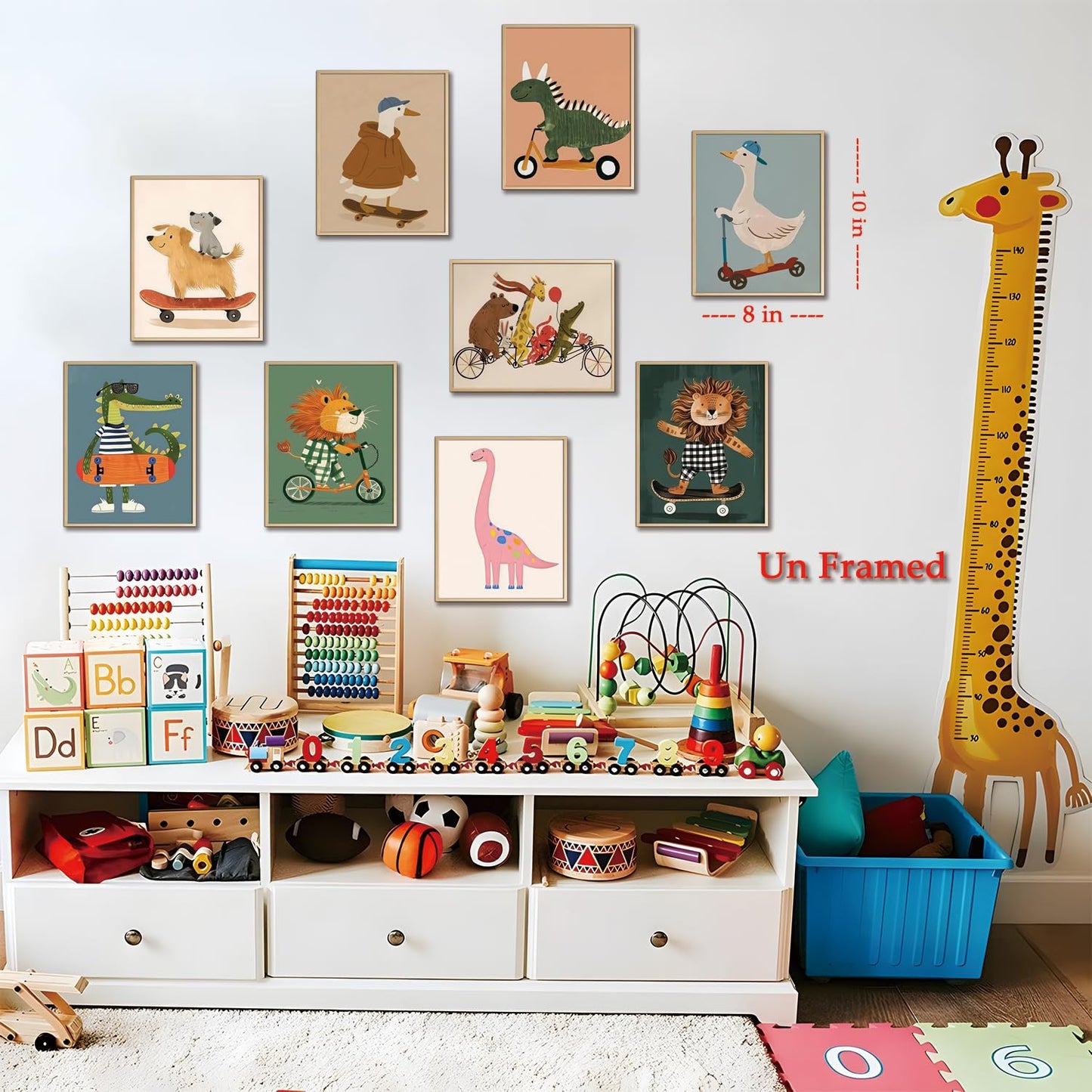 SAMHOU Kids Room Wall Art Set of 9, Funny Cute Cartoon Animal Canvas Prints, Nursery Wall Decor Paintings for Boys Girls Bedroom Baby Room Playroom Classroom Decoration 8x10 Inch Unframed