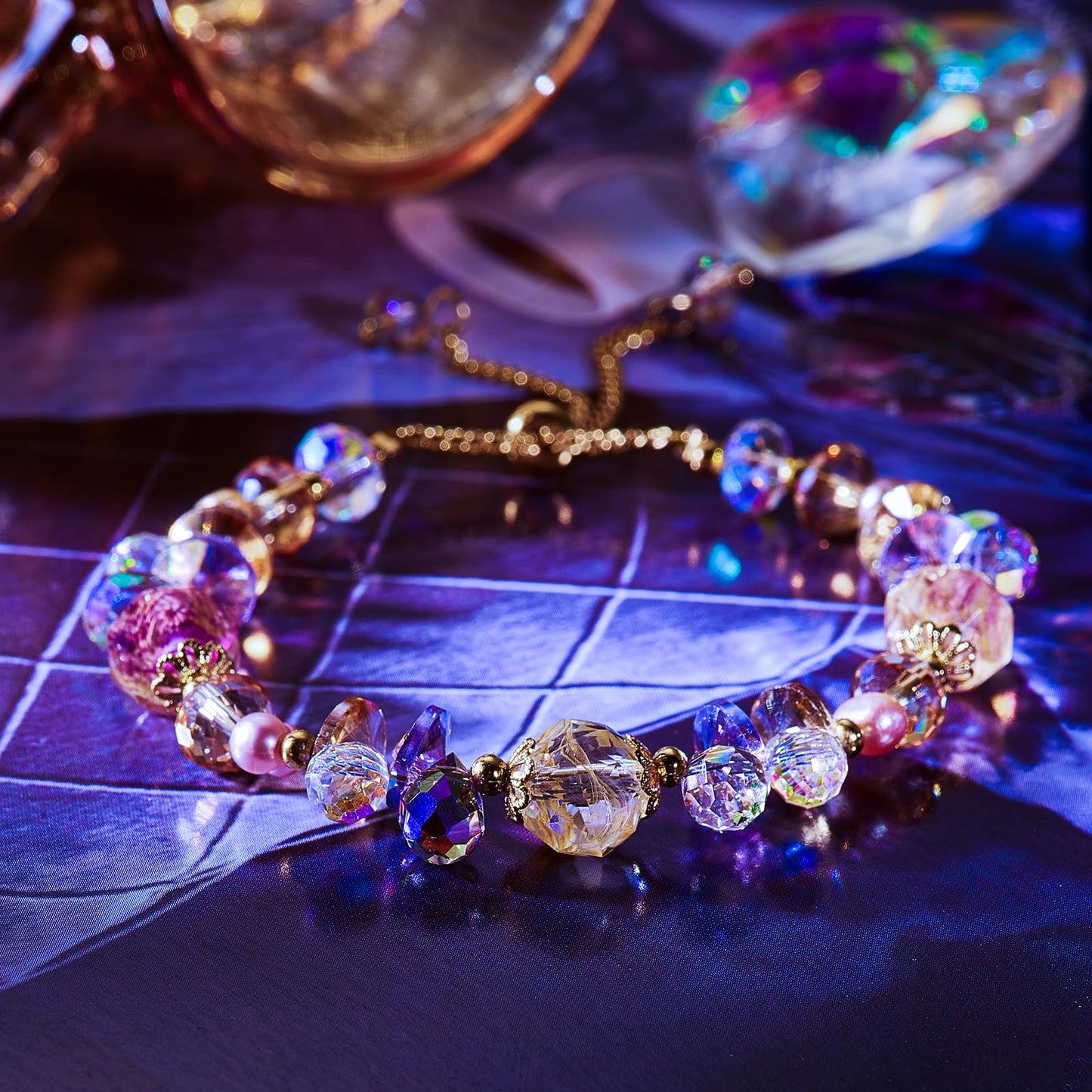 BELLA-Bee Healing Crystal Bracelets for Women Adjustable Rainbow Crystals Amethyst Tourmaline Natural Stone Beaded Bracelets for Women Spiritual Jewelry for Wishes, Protection and Anxiety Relief with Meaning Card (The Keep of Wishes)