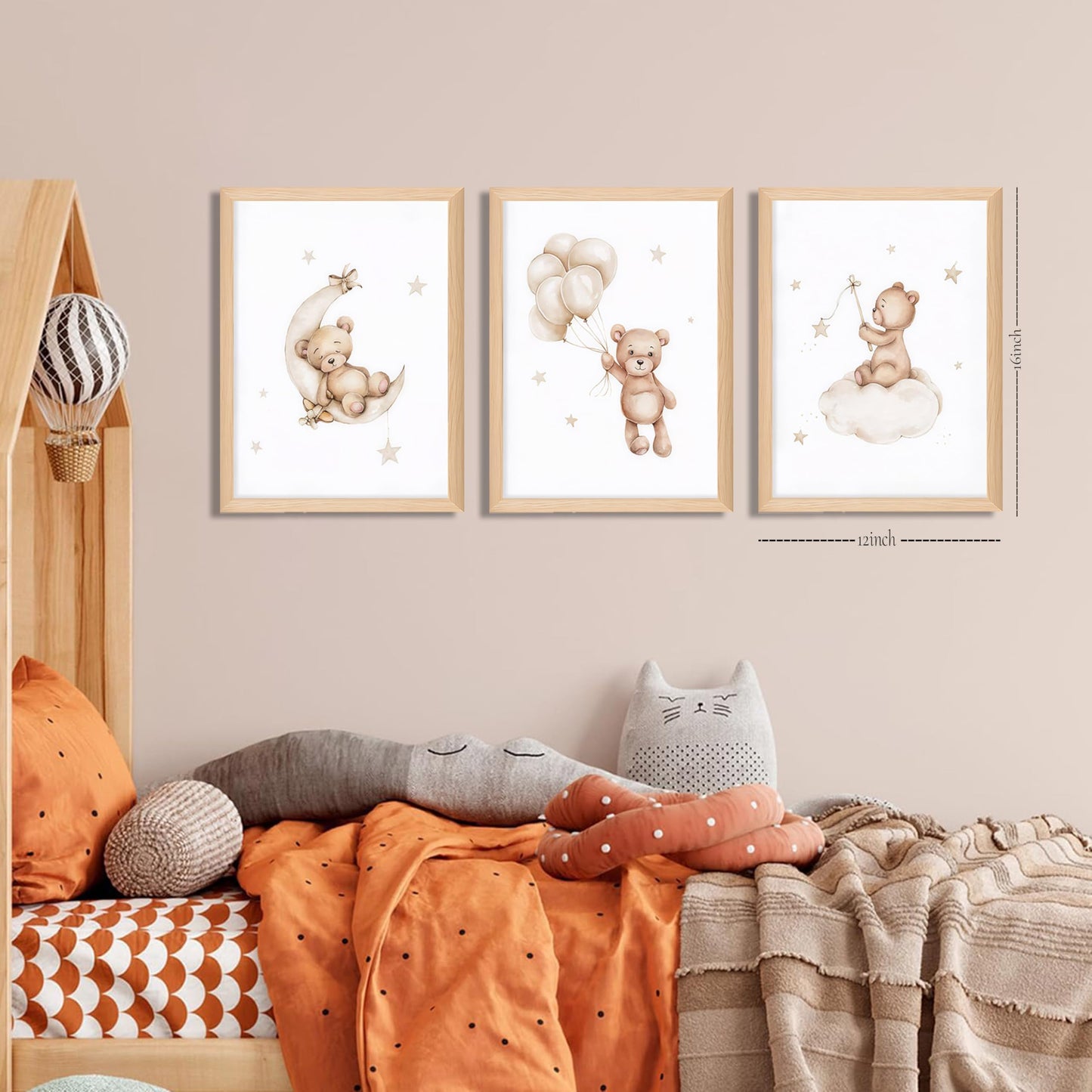 Framed Teddy Bear Wall Art Nursery Decor Set of 3, Bear Sleeping on The Moon and Stars Pictures Canvas, Neutral Bears Poster Prints Wall Decor for Kids Baby Room Girls Children Room – 12x16 inch