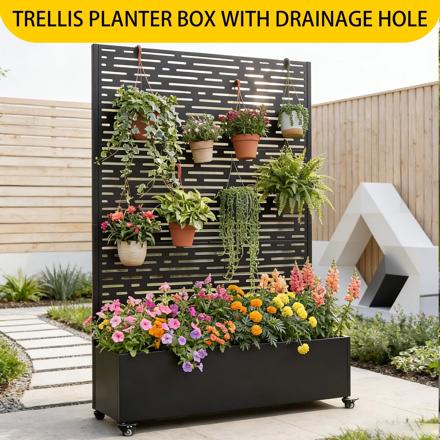RIDFY Raised Garden Bed with Wheels - Metal Planter Box with Trellis Outdoor | Rolling Planters for Climbing Plants & Patio Privacy Screen | Galvanized, Black, 47x16x73 in (M4)