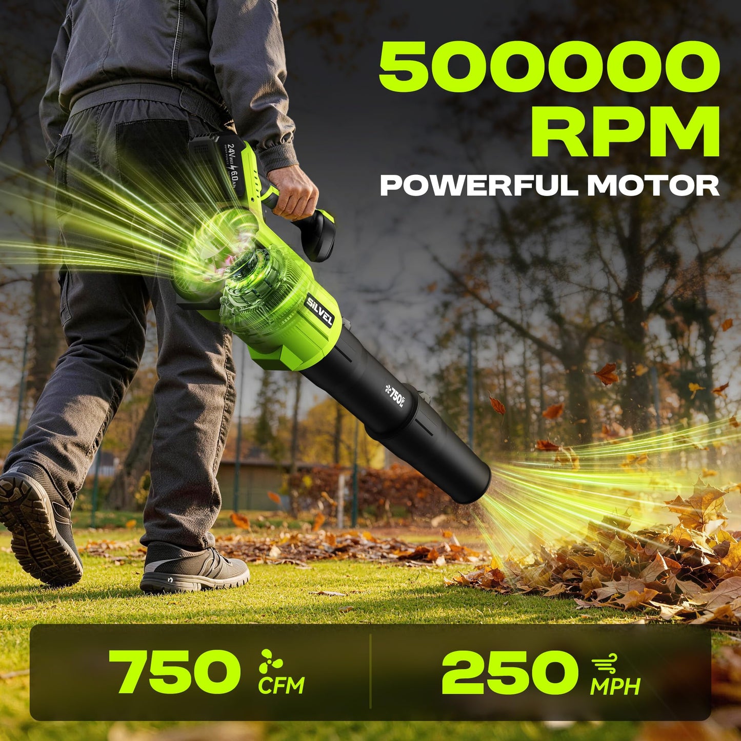 SILVEL Cordless Leaf Blower with 2x6.0Ah Battery and Quick Charger, 750CFM (250MPH) High Power Turbo Leaf Blowers with LCD Screen/Variable Speeds for Lawn Care, Patio, Dust, Blowing Leaves