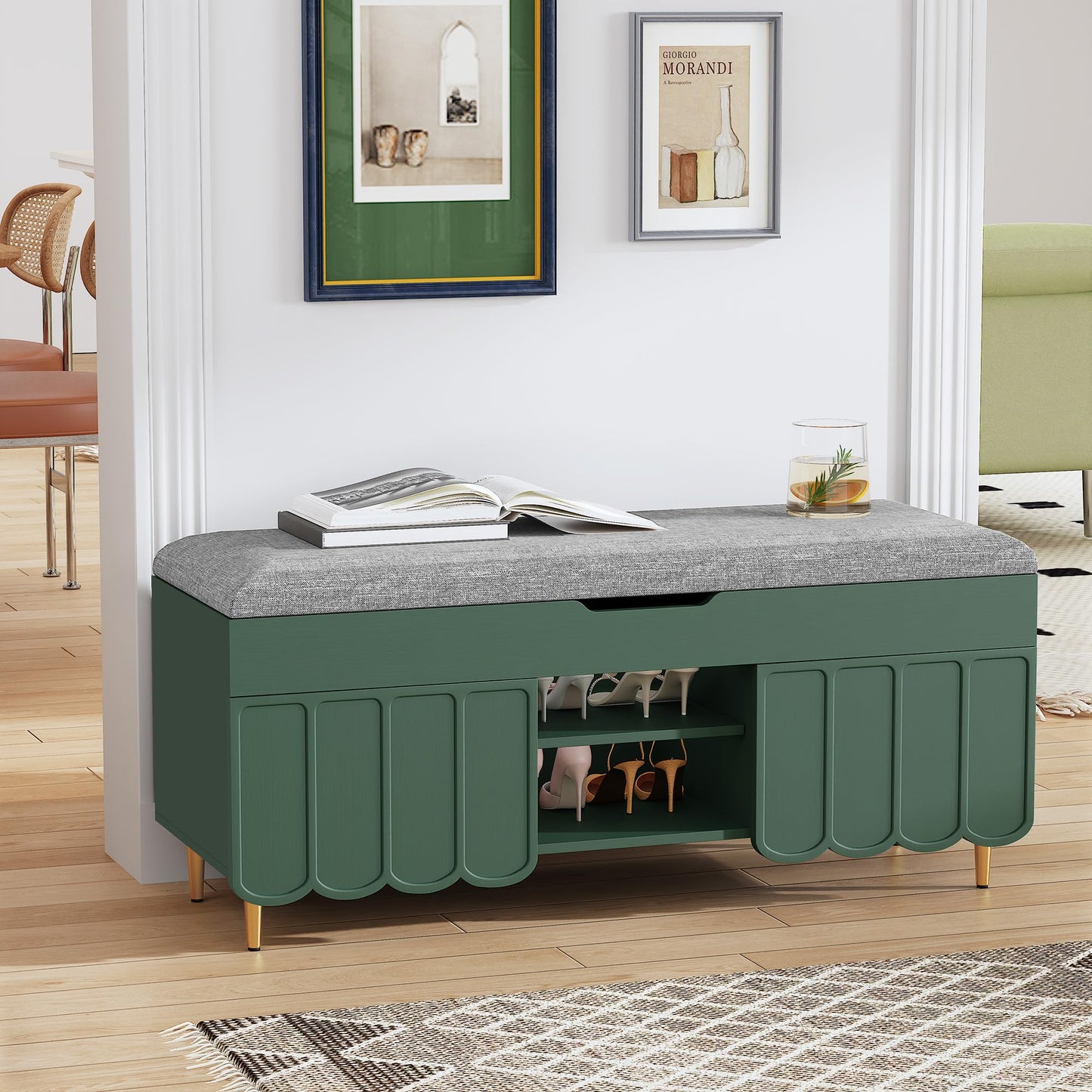 3More 40" Entryway Shoe Storage Bench,Upholstered Hidden Space Beneath Seat Cushion Bench,2-Tier Unique Geometric Shape with Wood Grain,Green