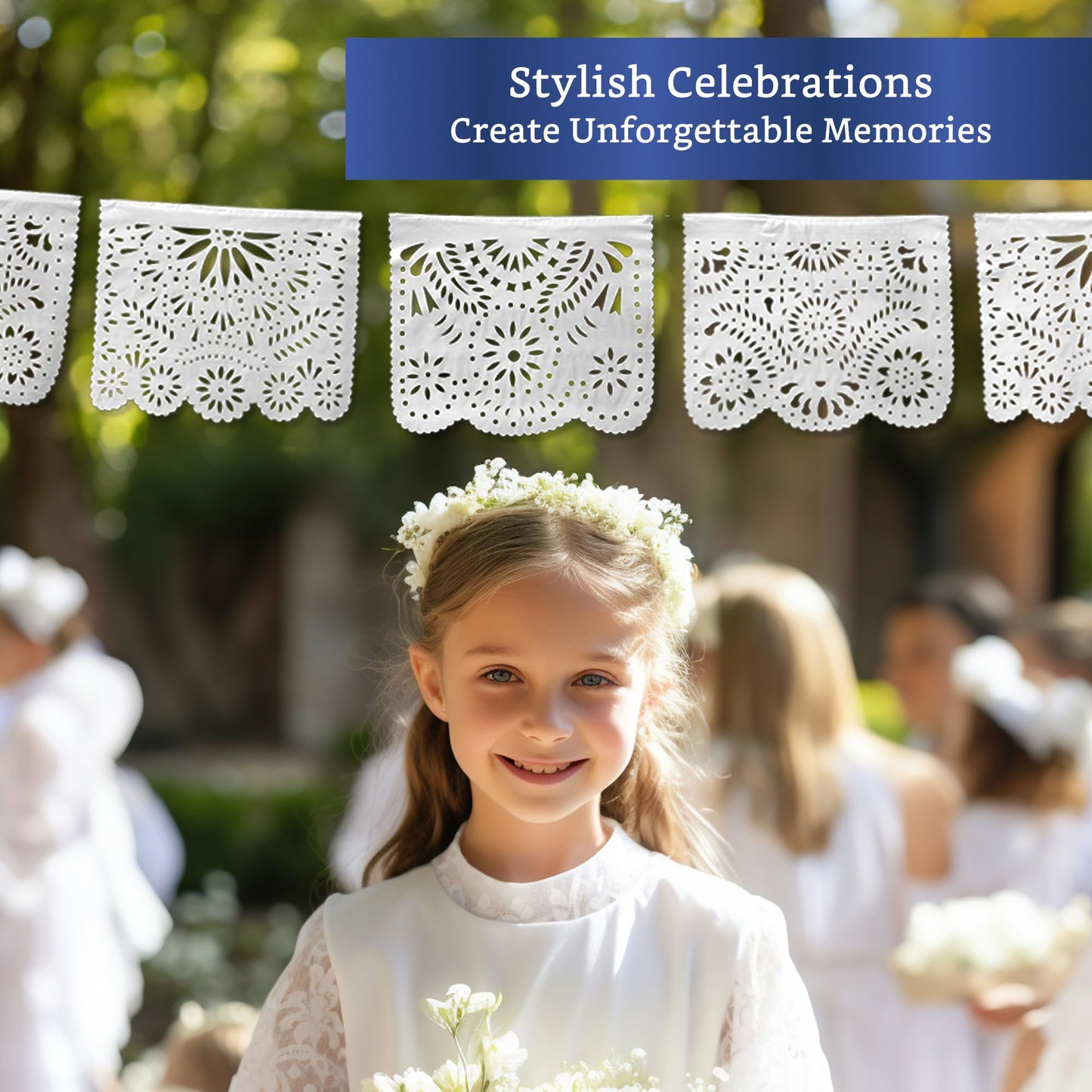 White Papel Picado Banner (5 Pack - 10 Plastic Flags per Banner) - White Mexican Banners for Parties and Weddings - Mexican Themed Party Decorations - Papel Picado Mexicano para Decoraciones