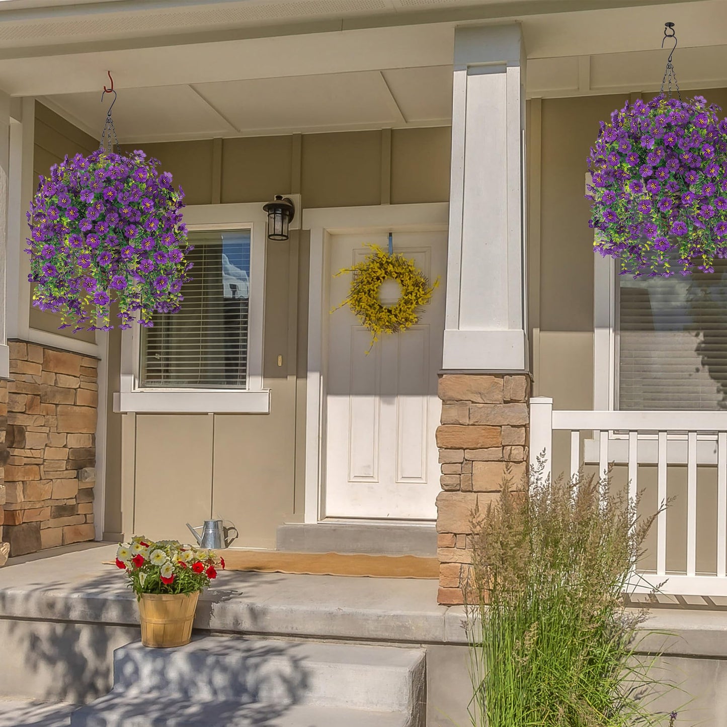 HyeFlora Artificial Hanging Flowers Basket for Outdoor, Fake Flowers Faux Plants Look Real for Yard Gardens Porch Patio Home (Darkpurple)