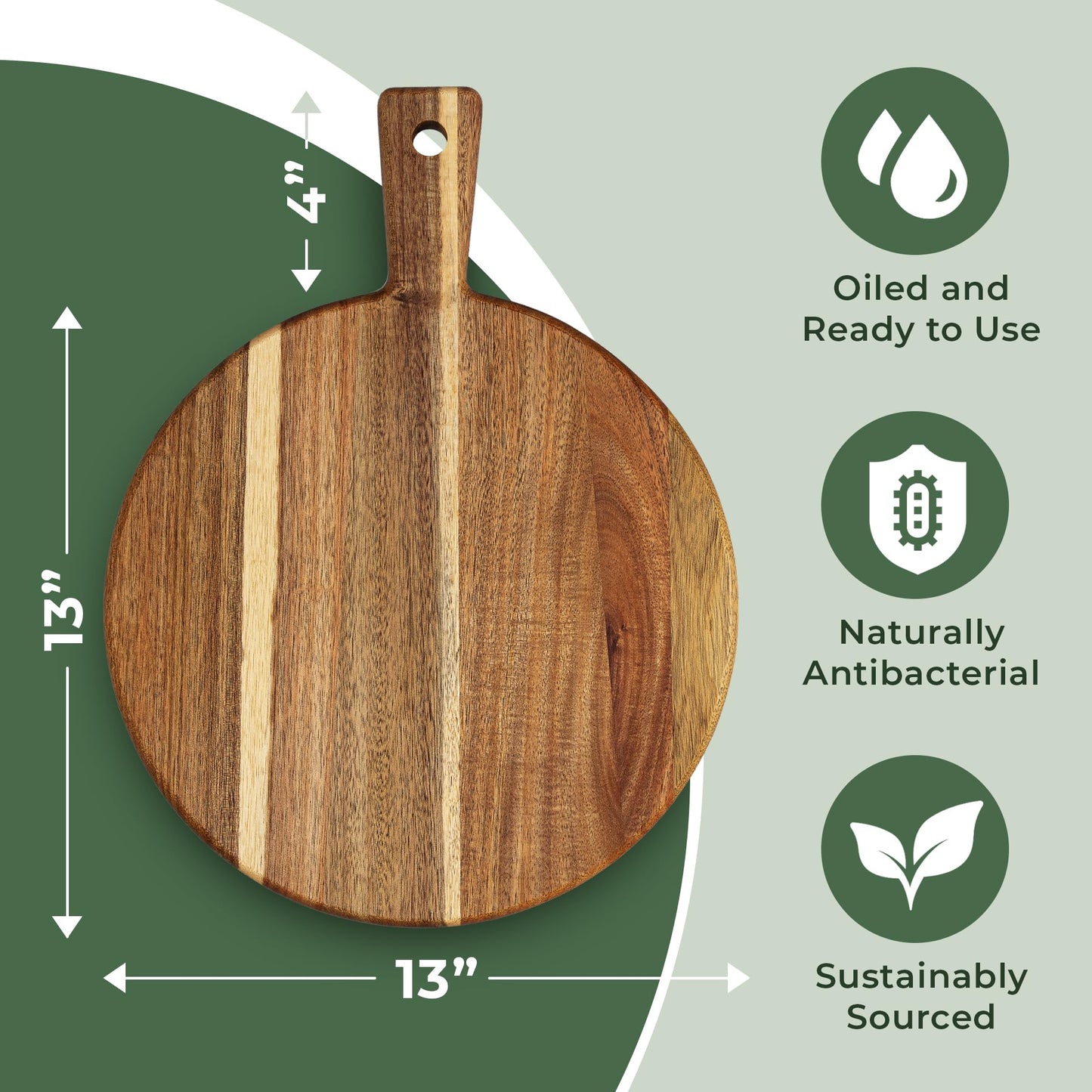 Acacia Wood Cutting Board and Chopping Board with Handle for Meat, Cheese Board, Vegetables, Bread, and Charcuterie - Decorative Wooden Serving Board for Kitchen and Dining Room, Large 13" x 13"