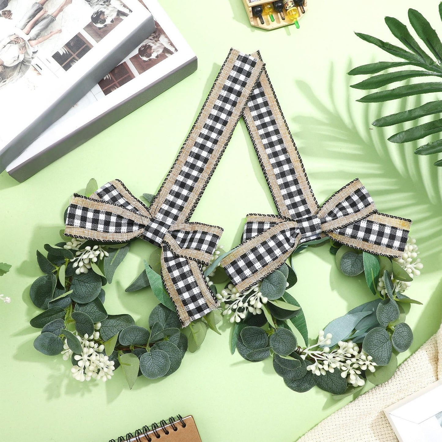 Syhood 2 Pieces 9" Mini Eucalyptus Wreath Artificial Spring Summer Greenery Wreath for Front Door Farmhouse Kitchen Cabinet with Ribbon for Porch Wall Window Decor(Plaid Bow Style)