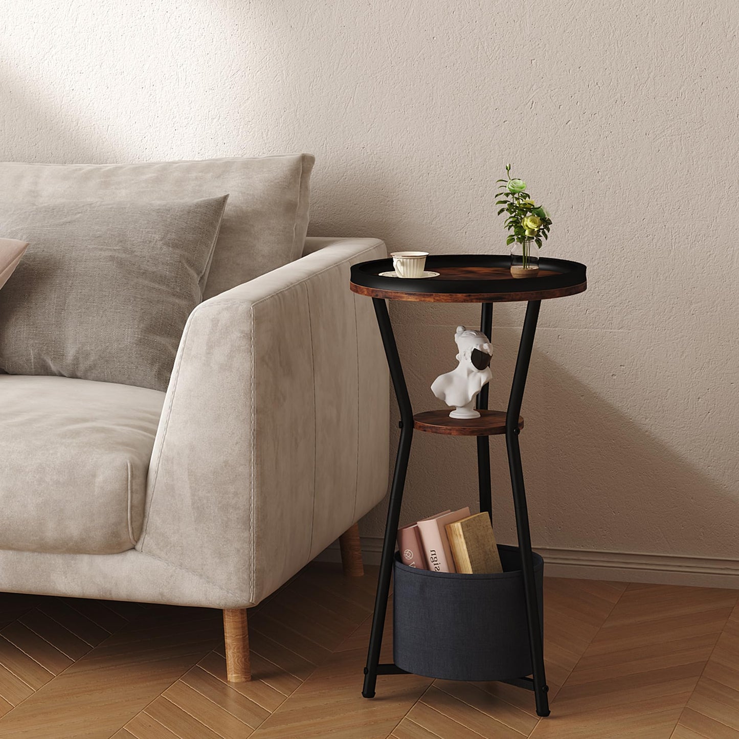 Yusong Round Side Table, Small Drink Table for Small Spaces, 3-Tier Industrial End Table, Accent Nightstand Bedside Table for Living Room, Bedroom, Sofa Couch, Rustic Brown