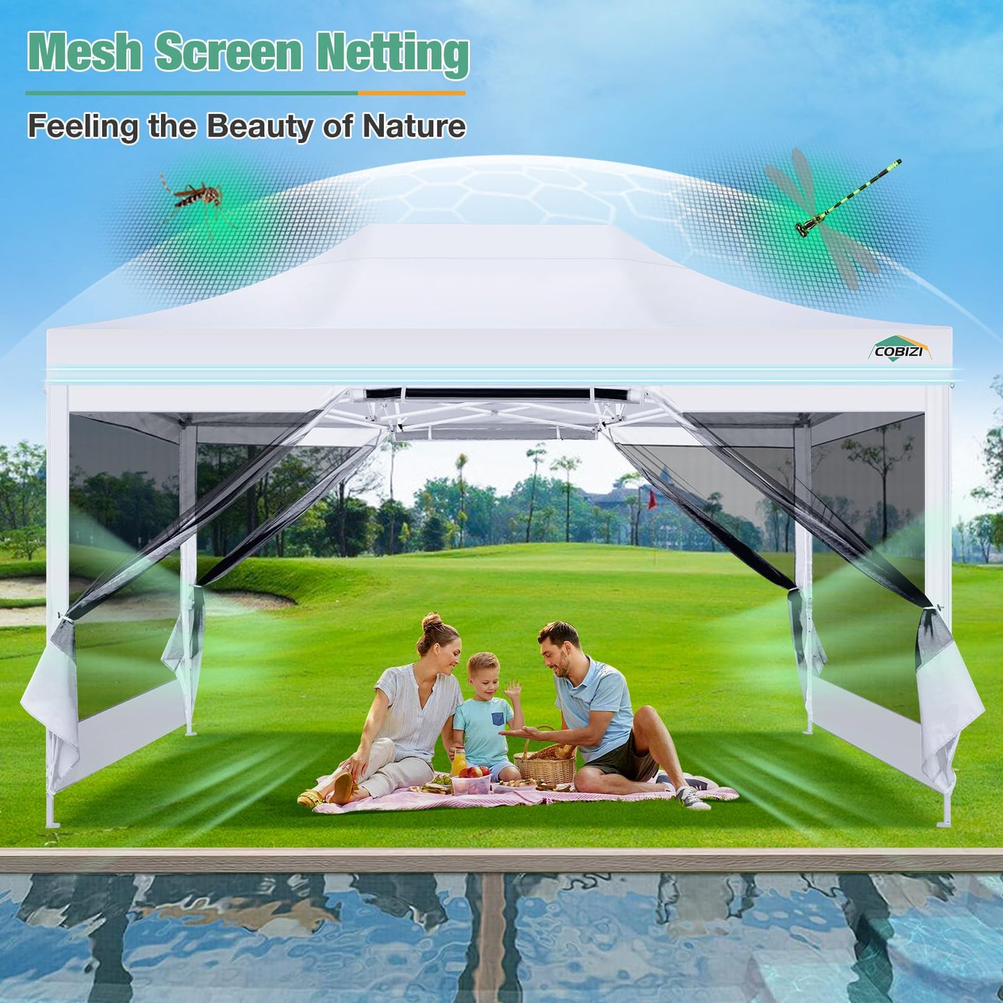 COBIZI 10x15 Canopy Tent, Heavy Duty Pop up Canopy with Sidewalls, Waterproof Easy Setup Tent with Mosquito Netting, Outdoor Instant Screen Tents for Parties, Wedding, Backyard with Carry Bag, White