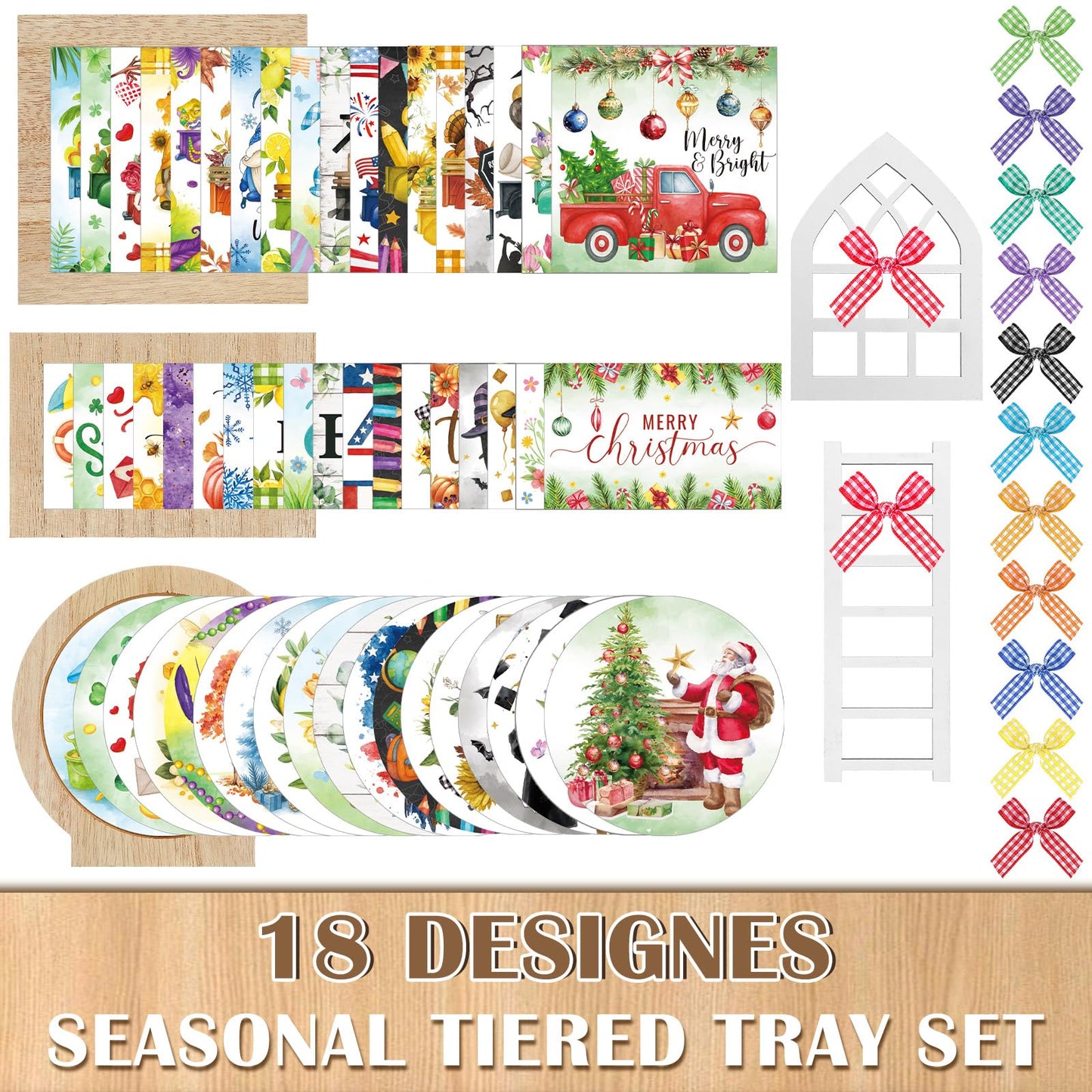 GlikCeil 95 Pcs Interchangeable All Season Tiered Tray Decor Set Farmhouse Holiday Decorations Wooden Frames Ladders with Season Cards Bows for Home Kitchen Valentine Easter Mardi Gras Spring Summer