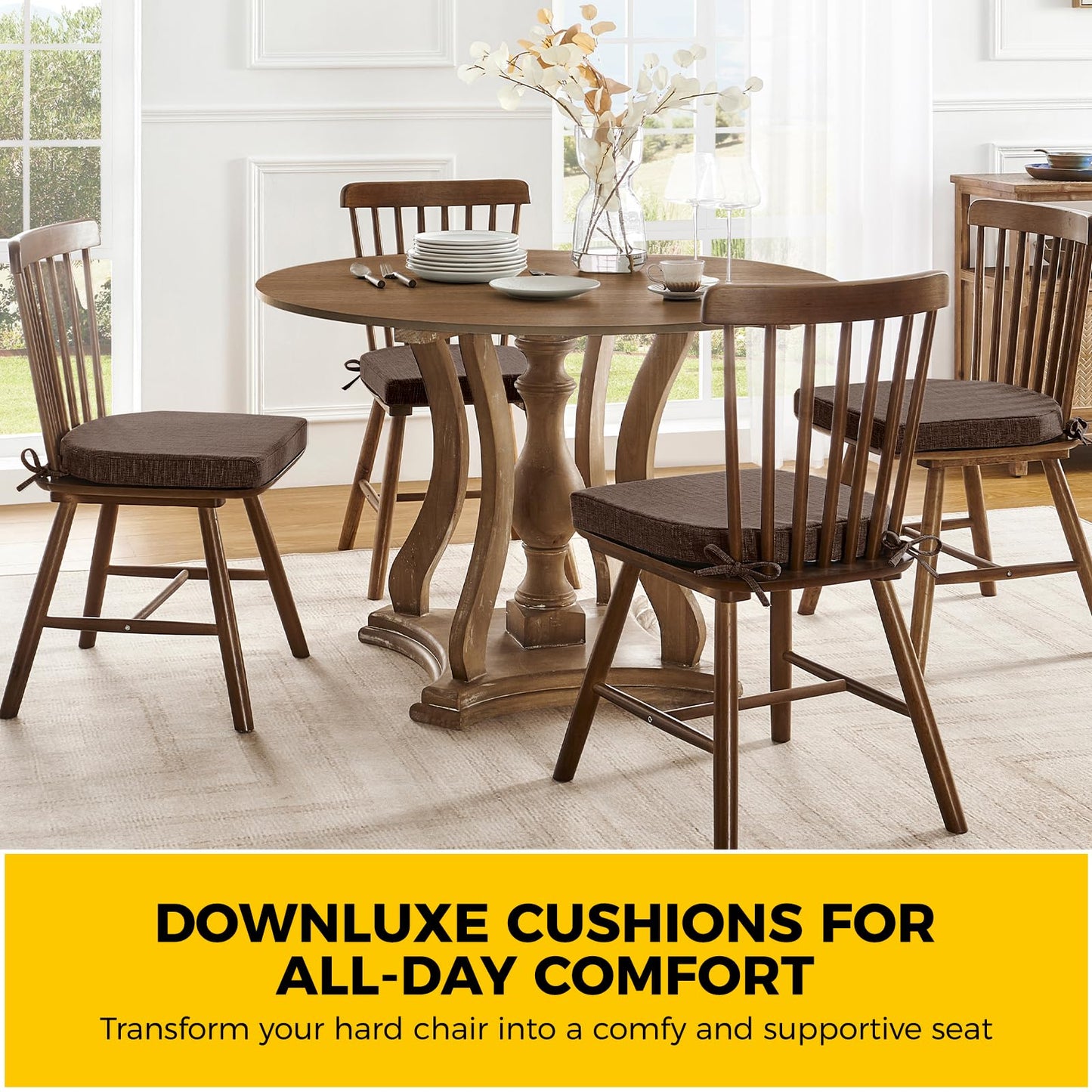 downluxe Indoor Chair Cushions for Dining Chairs, Soft and Comfortable Textured Foam Kitchen Chair Pads with Ties and Non-Slip Backing, 16" x 16" x 2", Brown, 6 Pack