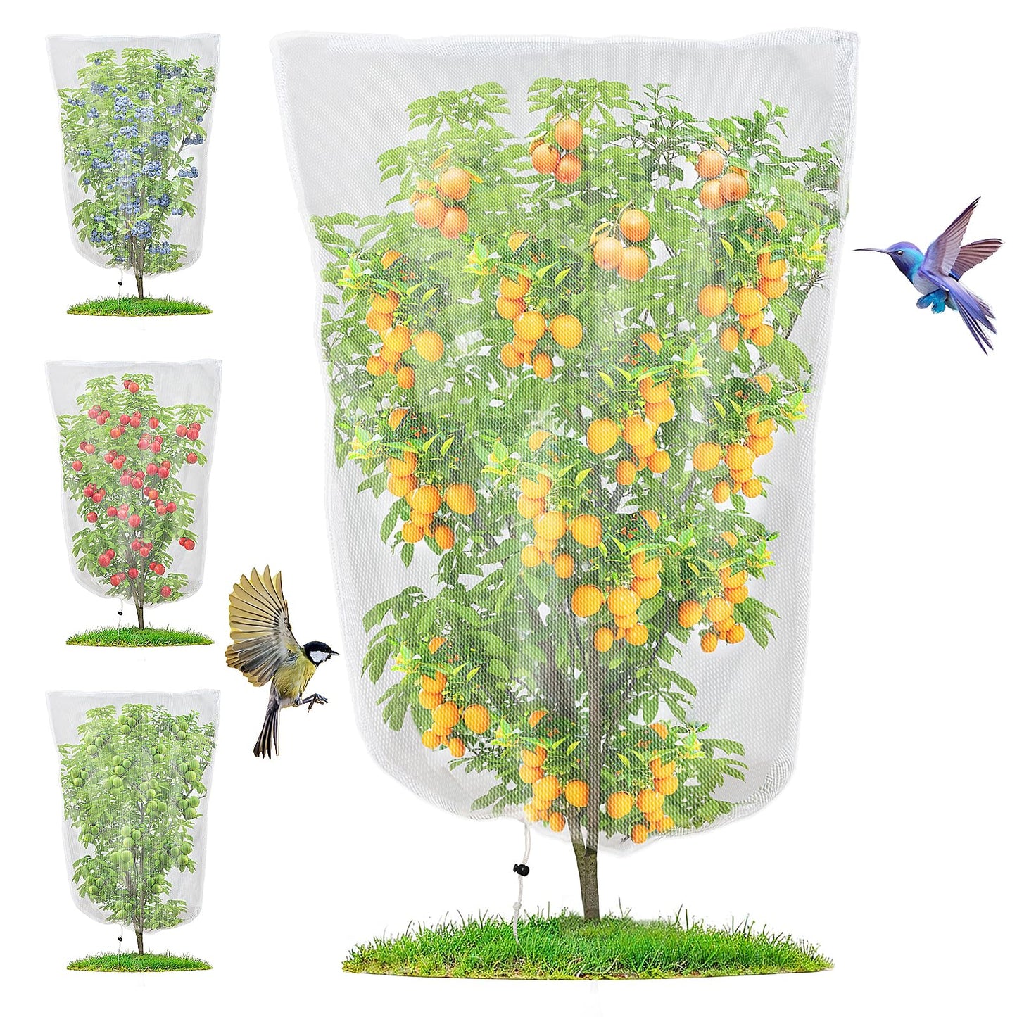 4 Pack Insect Bird Barrier Mesh - Blueberry Bush Netting Cover Insect Bird Netting Tomato Protective Cover with Drawstring Garden Mesh Netting for Vegetables, Fruits, Trees, 3.3Ft x 4.92Ft