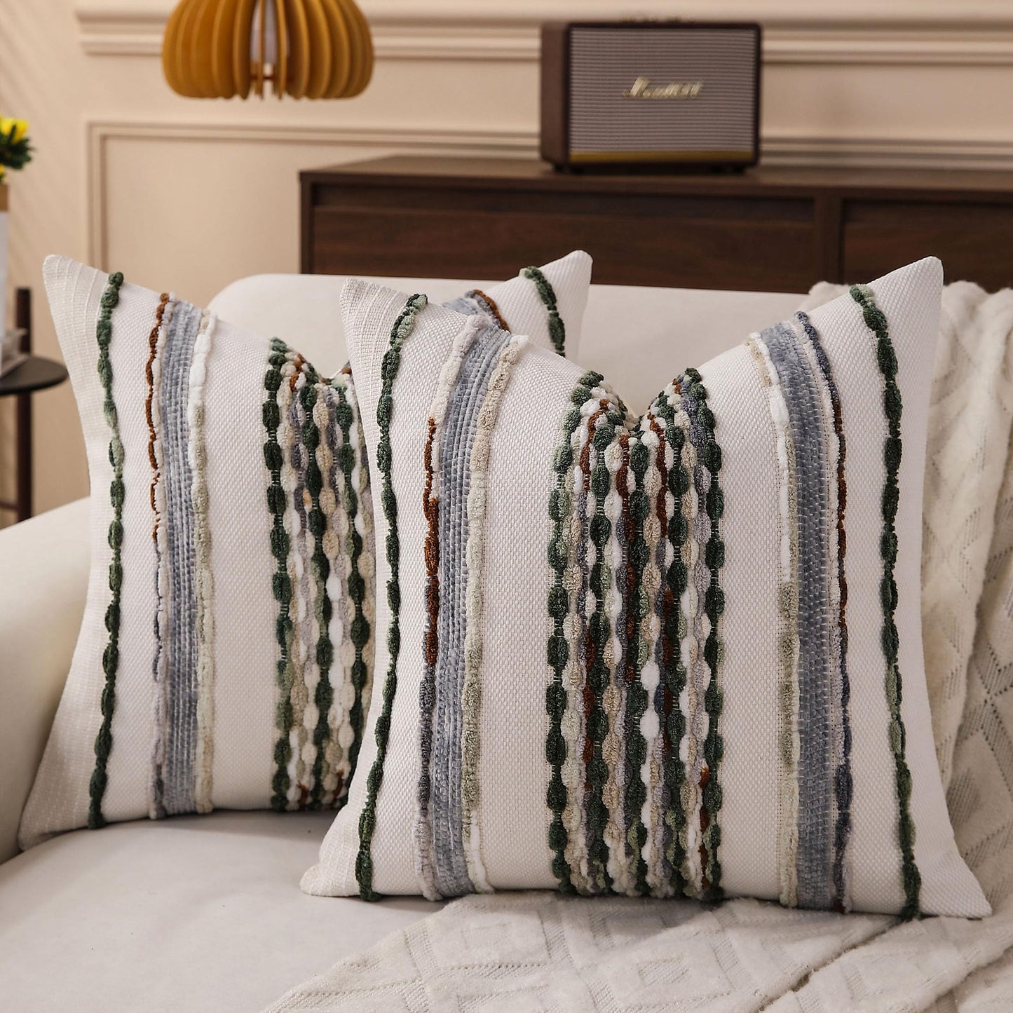 KOOLIFE Boho Striped Throw Pillow Covers 18x18 Inch Set of 2 Farmhouse Square Decorative Pillow Covers Chenille Tufted Accent Neutral Pillowcase Green Cushion Cover for Living Room Couch Sofa Bed
