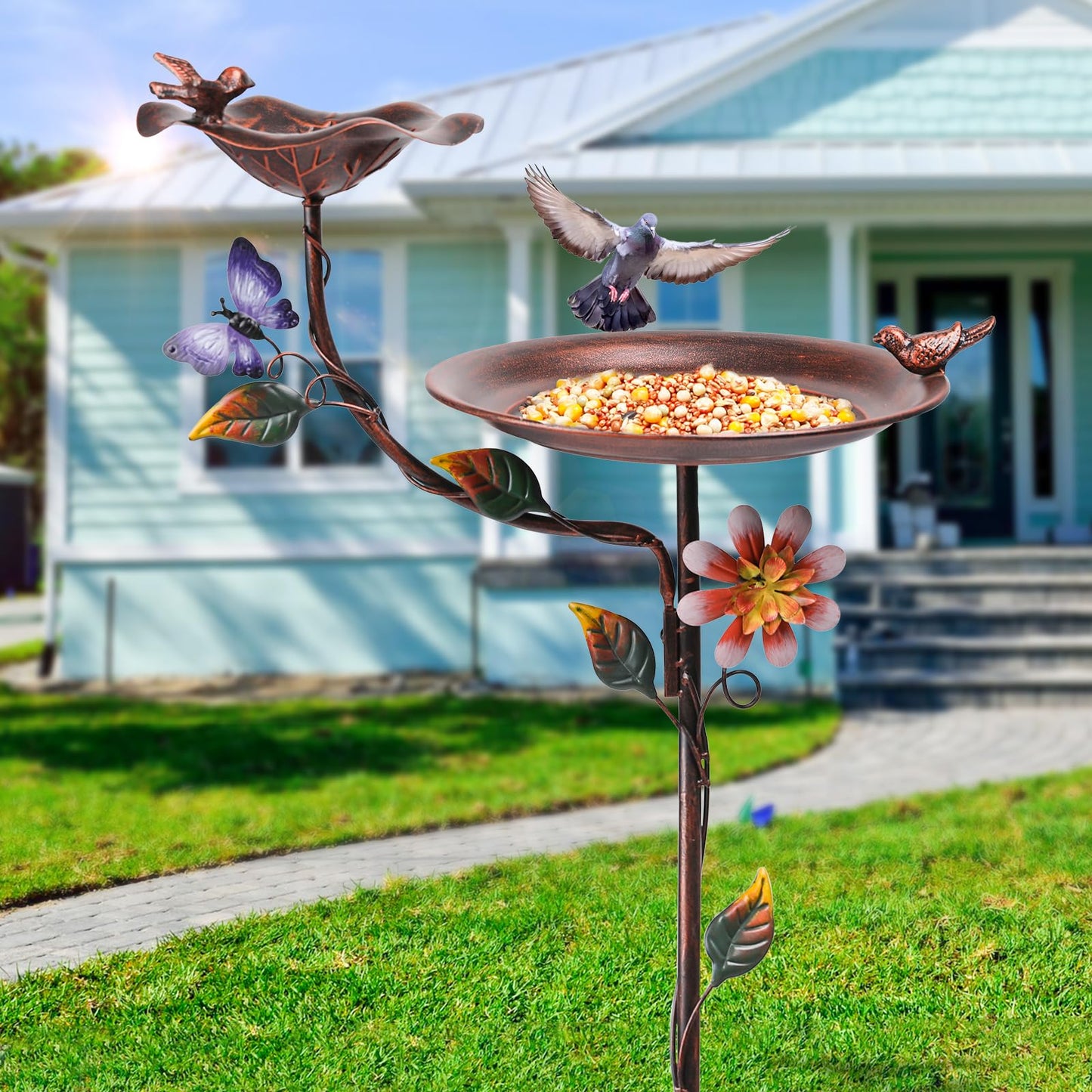 MUMTOP Bird Baths and Feeder for Outdoors, 55 inch Height Metal Birdbath Antique Garden Bird Feeder with Metal Stake for Garden Outside Yard Lawn Decorations, Copper