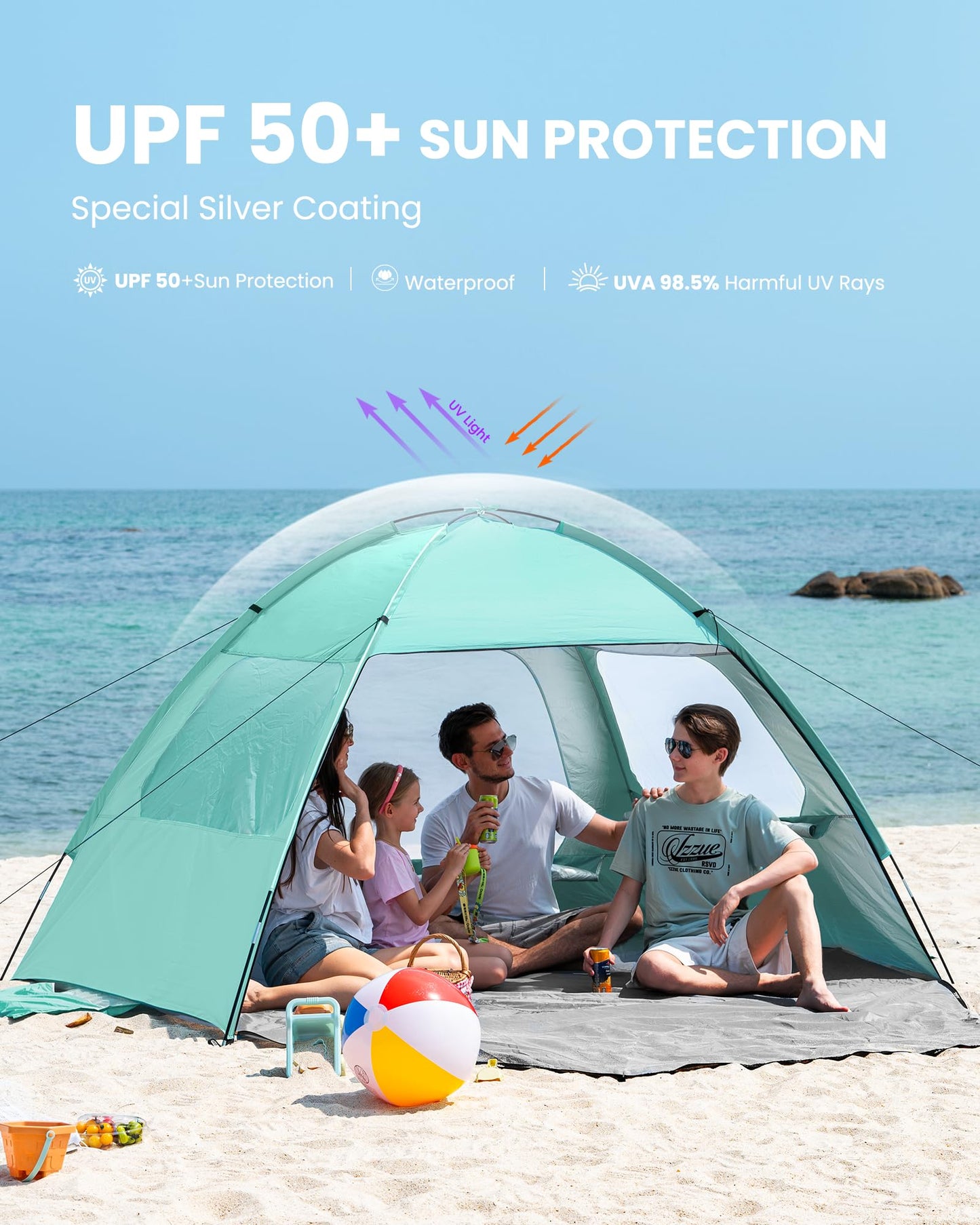 OutdoorMaster Beach Tent for 3/4 Person - Easy Setup Sun Shade Shelter, Portable Beach Shade Sun Canopy with UPF 50+ UV Protection, Removable Skylight Family Size - 4 Person Green