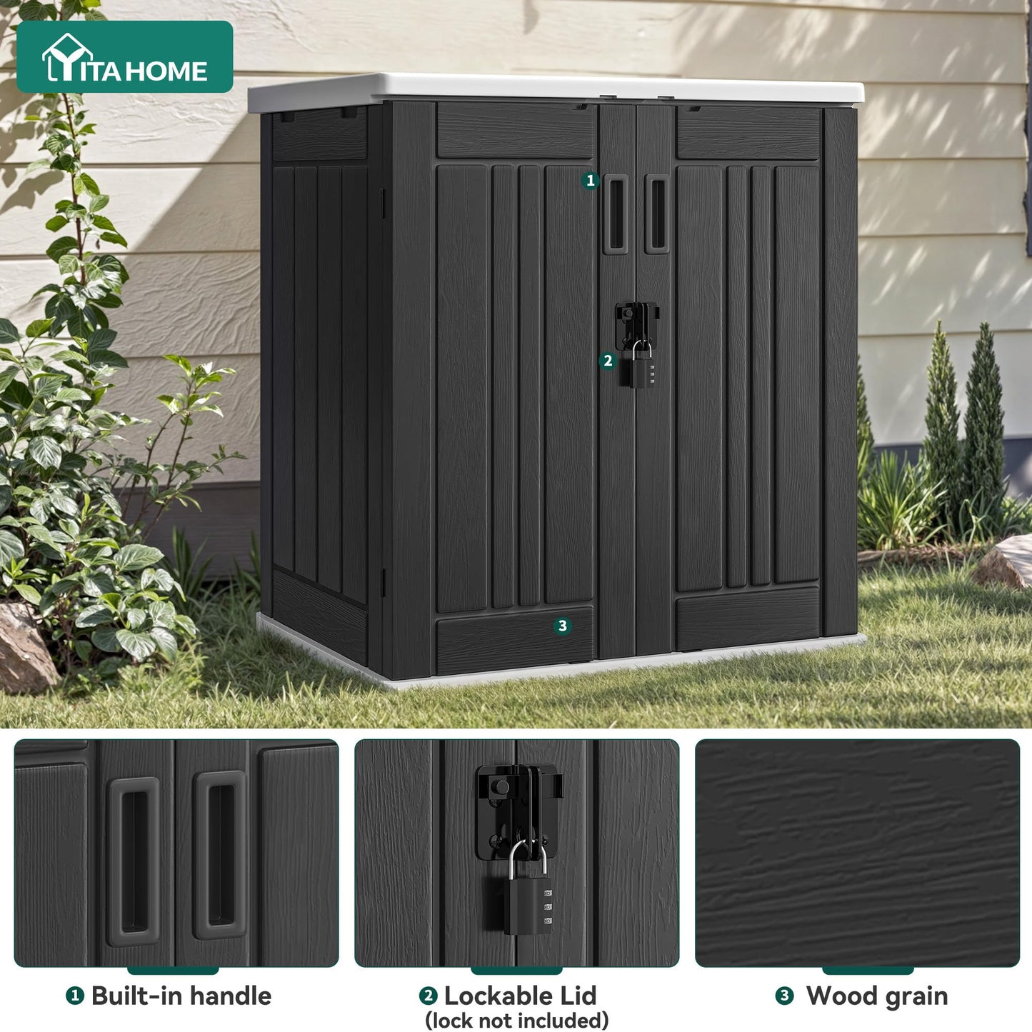 YITAHOME Outdoor Storage Cabinet with 2 Shelves, Waterproof Resin Horizontal Tool Shed, Lockable 15 cu. ft. Storage Shed for Patio, Garden, Yard, Dark Gray