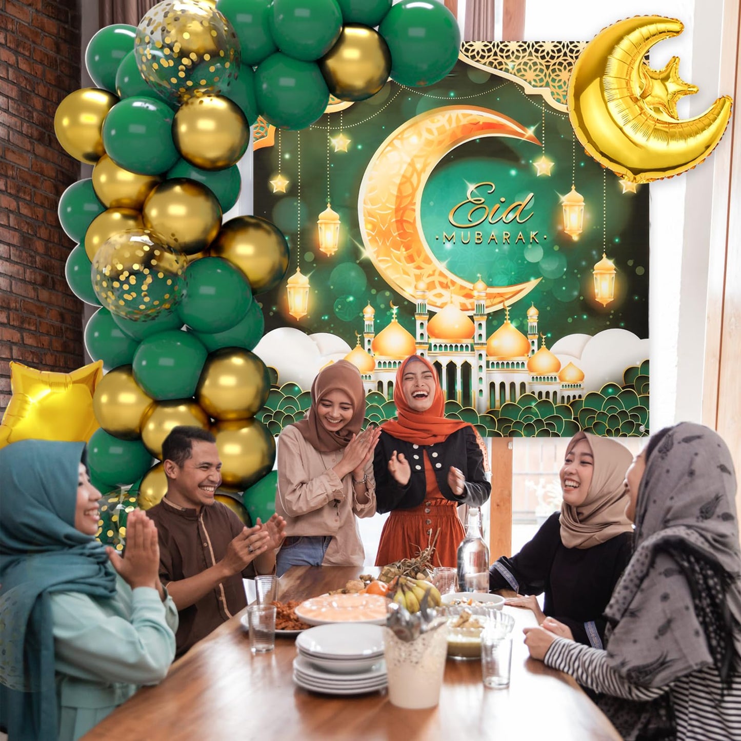 Eid Mubarak Decorations for Home - 74pcs Ramadan Decorations with Green Gold Star Moon Ramadan Balloons and Eid Mubarak Banner for Ramadan Decor