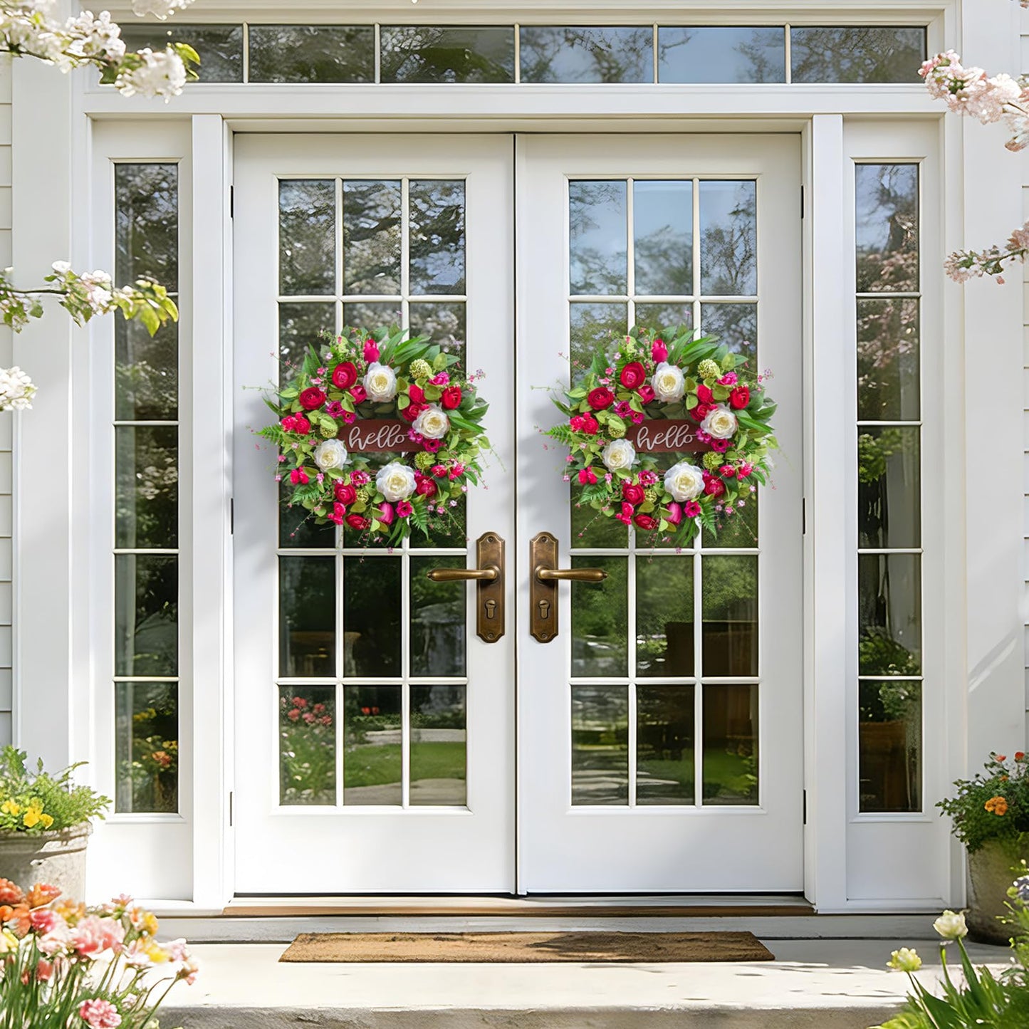 Pinkpuii Spring Wreaths for Front Door Outside– 24 Inch Spring Summer Wreath with Vibrant Pink Peony,Tulip & White Rose Flowers and Hello Wooden Sign,Ideal for Farnhouse Porch,Wall,Window Décor