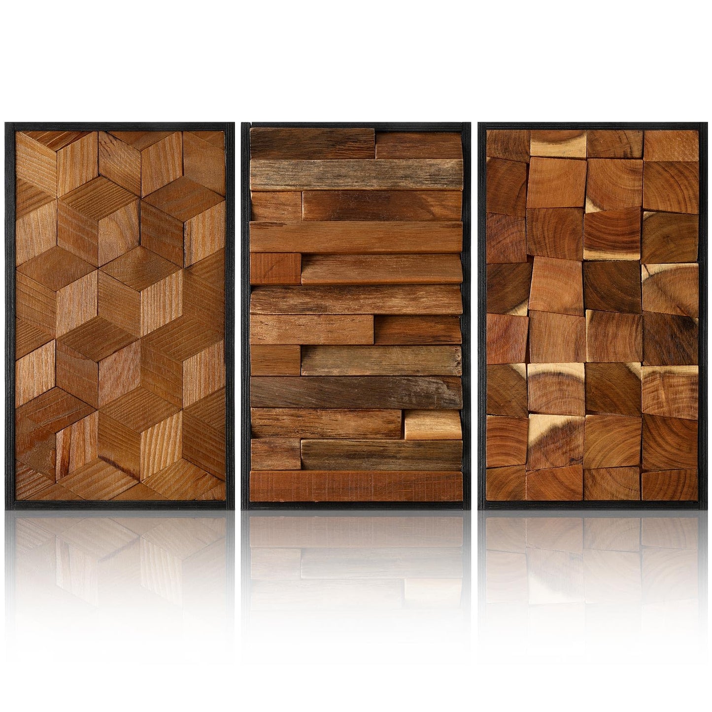 Glenmal 3 Pcs Wood Wall Art Decor 14 x 7 Inch Textured Wooden Wall Art Aesthetic Rustic Cubic Hanging Decor Framed Decorative Farmhouse Bedroom Boho Modern Home Decorations for Living Room