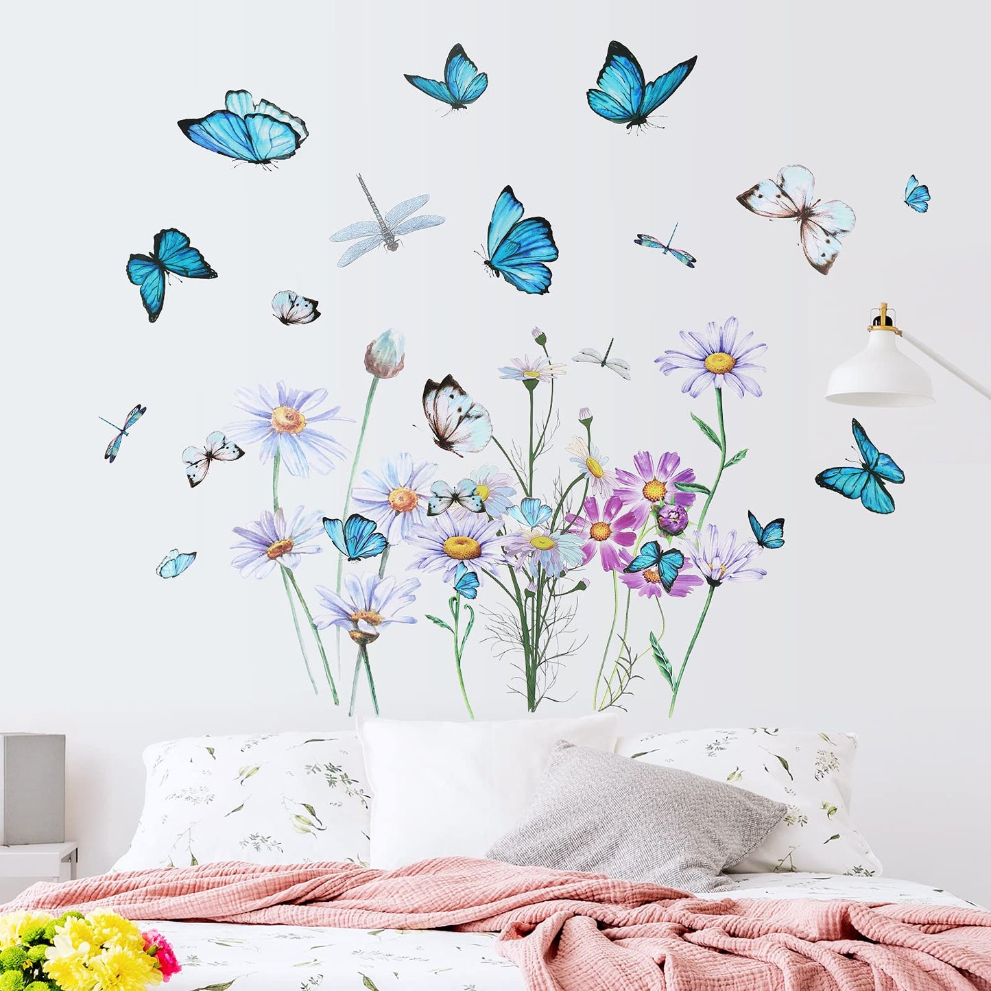 Zonon 64 Pcs Flowers and Butterflies Wall Decals, Wildflower Butterfly Dragonflies Decals for Wall, Removable PVC Garden Peel and Stick Walls Stickers Murals for Nursery Bedroom Office Decor(Red)