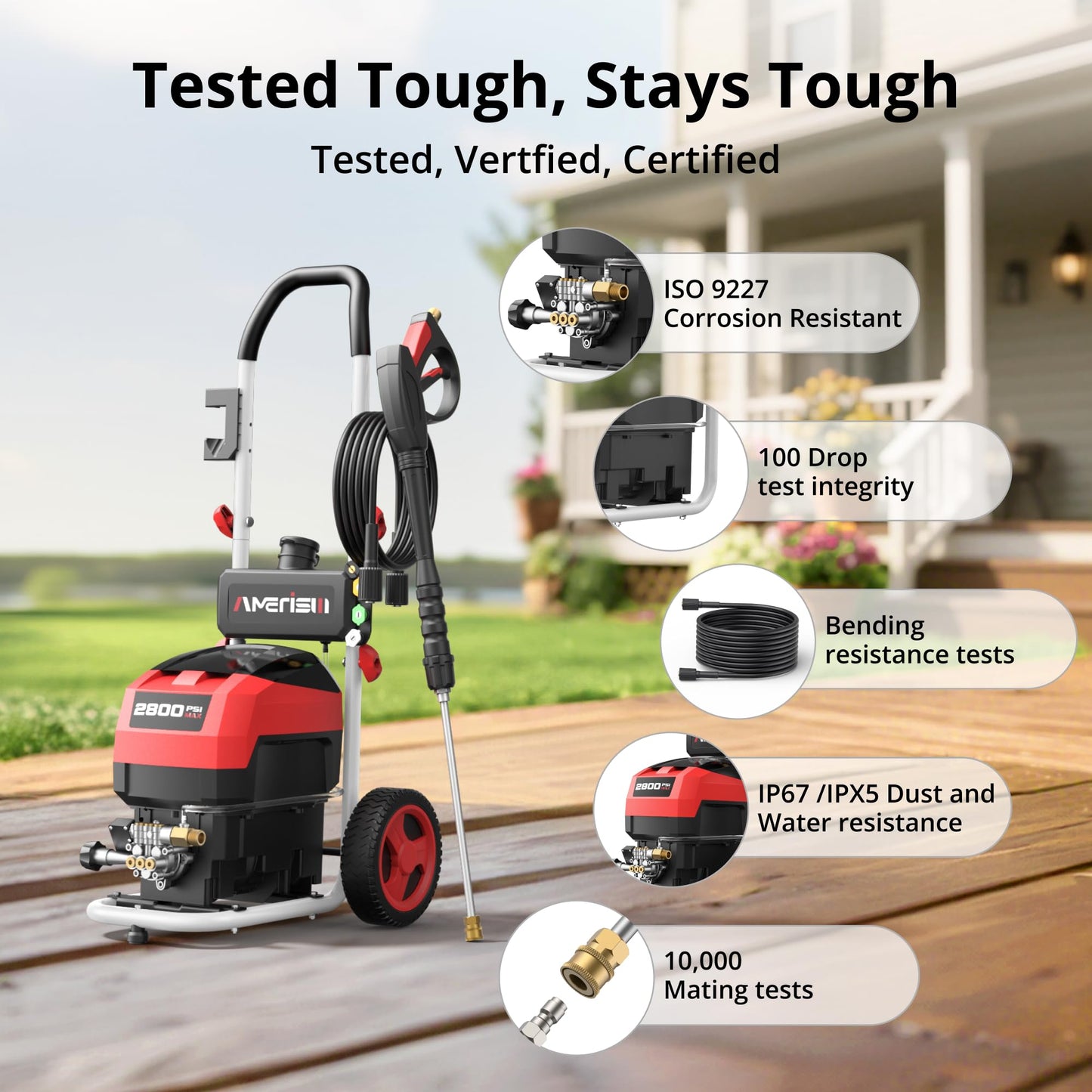 AMERISUN Electric Pressure Washer, Max 2800 PSI, 2.0 GPM, 5 Spray Tips + Foam Tank, Upright Power Washer with 8" Wheels & GFCI Plug for Car, Driveway, Fence & Outdoor Surfaces