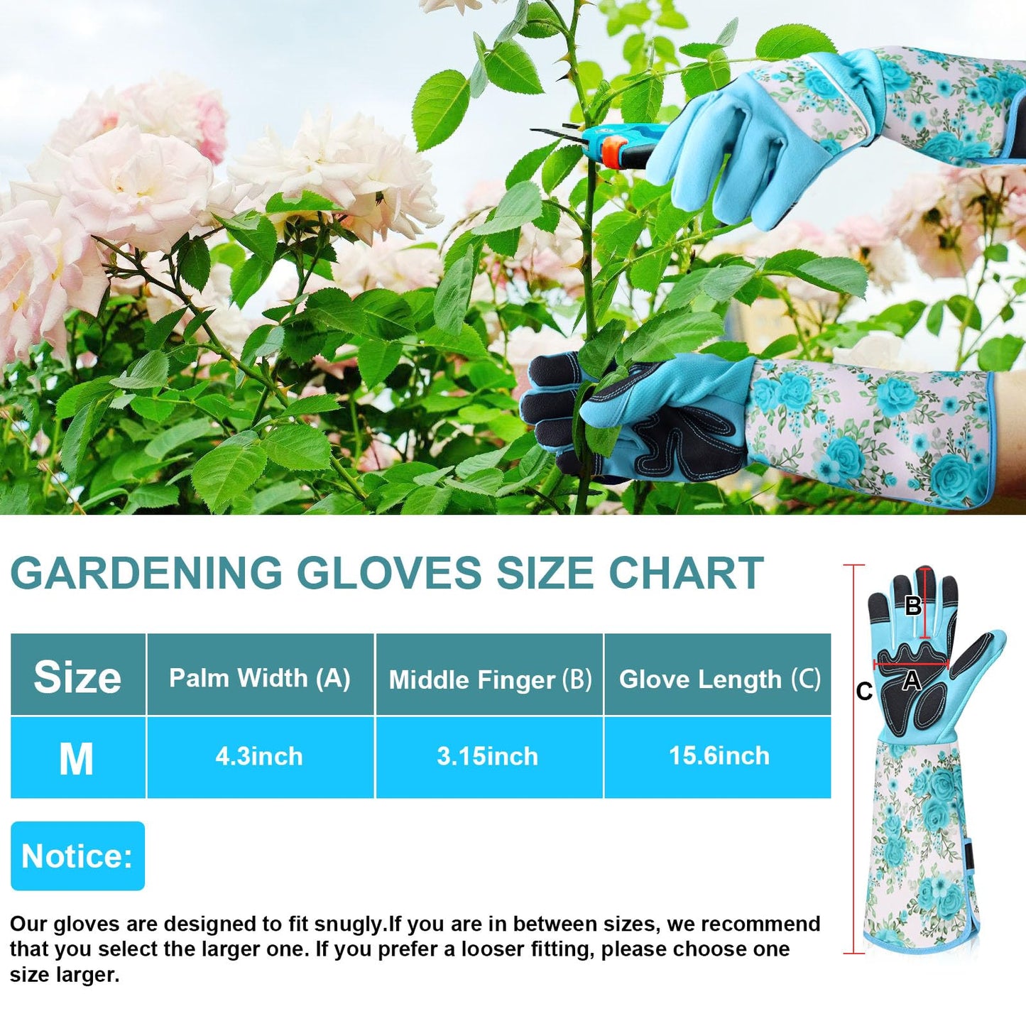 DLY Gardening Gloves, Garden Gloves for Women, long gardening gloves for Garden Work and Yard,Durable and Comfortable(Medium, Light Blue)