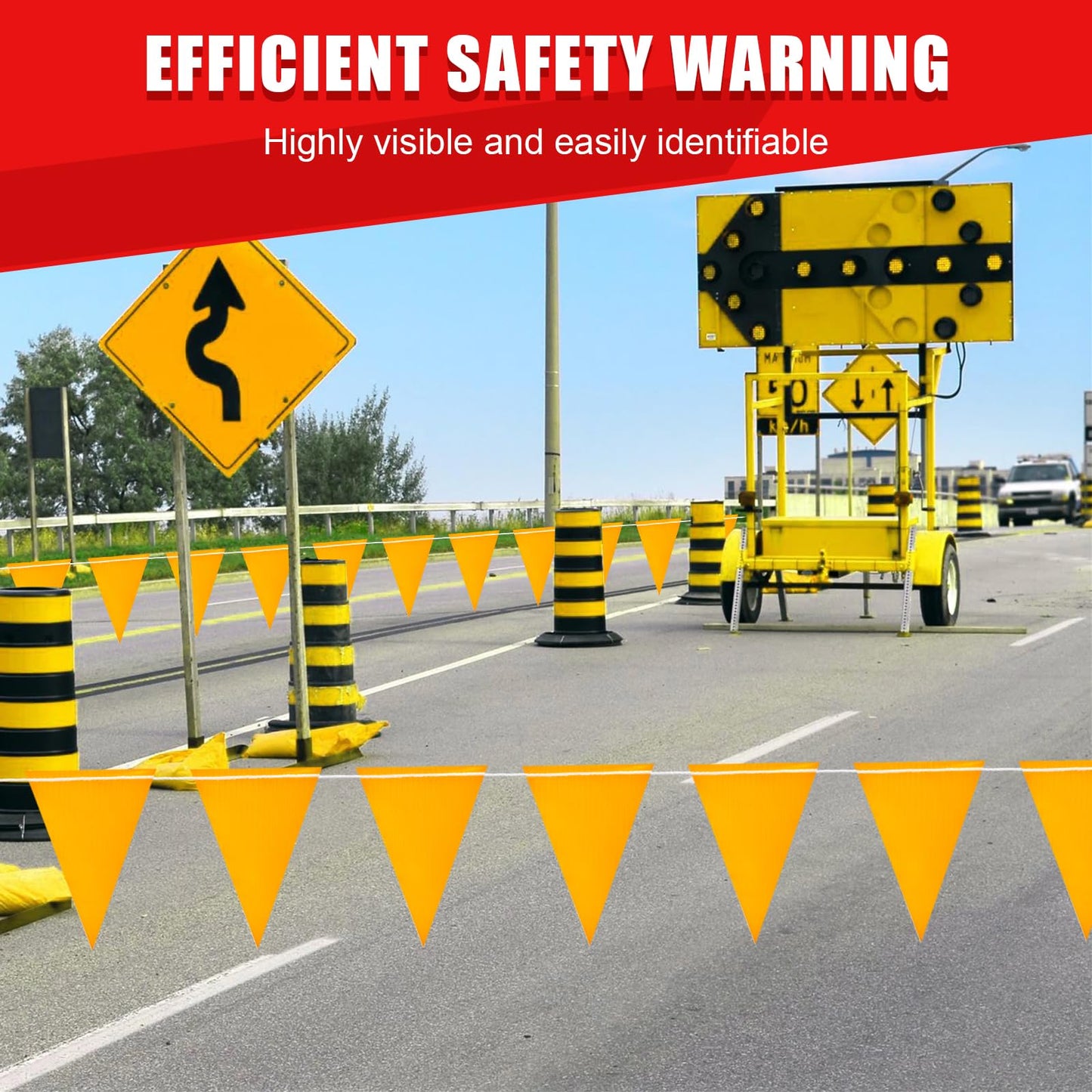 105FT Safety Warning Pennant Banner Flags – Multipurpose OSHA High Visibility Triangle Flags for outside fence, Roadwork, Party and Hazard Areas(YELLOW,45pcs,105FT)