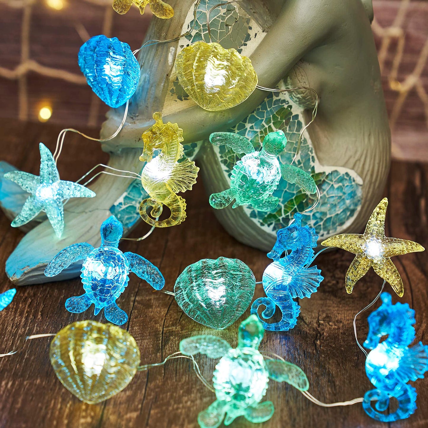 Belniak Nautical Theme Ocean Décor Beach Decorative String Lights Outdoor Seahorse Sea Turtle Starfish Shell Cute Marine Life Novelty Night Lights 30LED 10ft Battery Operated