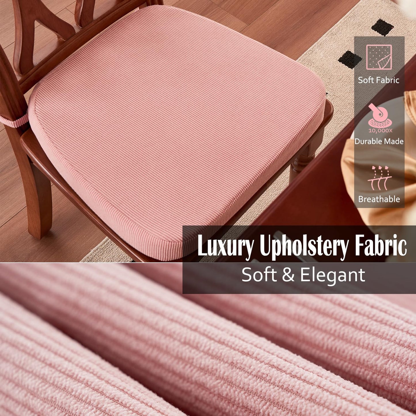 Nobildonna 2'' Thick High-Density Foam Indoor Chair Cushions | Dining Chair Pads with Ties, Removable Washable Cover, Kitchen Chair Cushions 17"x16", Pink 4 Pack