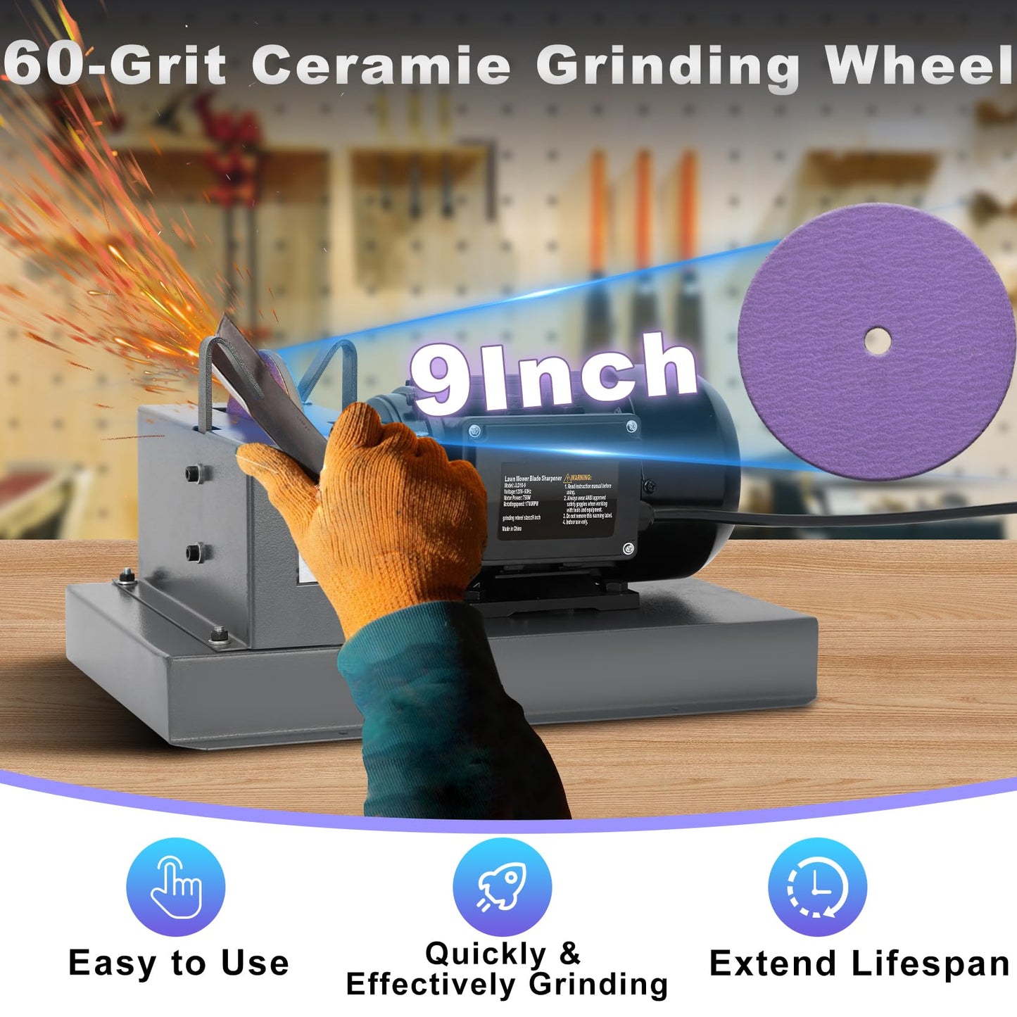 2026 Upgrade Lawn Mower Blade Sharpener, 1HP 750W Mower Grinder with 9-inch Ceramic Grinding Disc, 2 Pack-9'' Sanding Paper and 40° Bracket for High/Low Lift, Gator & Flat Blades Sharpen
