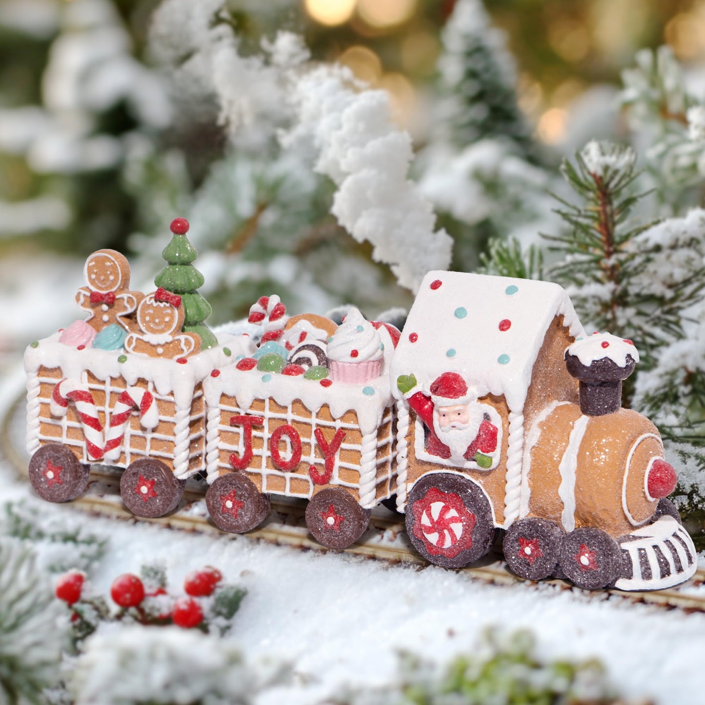 Hodao Christmas Gingerbread Man Train Figurines - Cute Indoor Holiday Decorations for Tabletop, Fireplace, or Centerpiece - Perfect Winter Christmas Decor and Gift (7.5" L Brown)