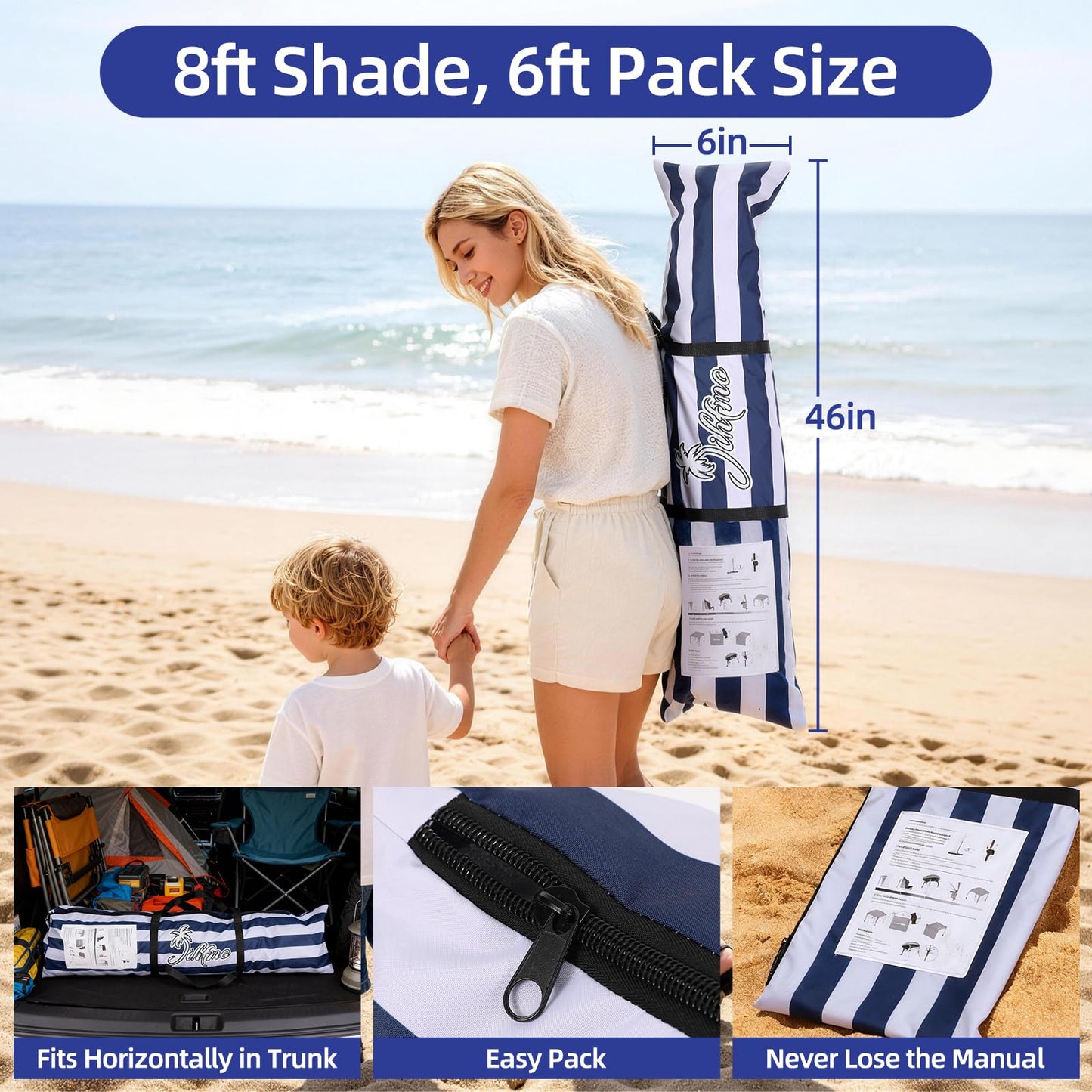 Jihfmo 8x8 Ft Large Beach Cabana Tent, UPF 100+ Windproof Sun Shelter for Family - 64 Sq Ft Big Shade Canopy with Sand Anchors & Cooling Silver Glue Coating, Easy Setup Portable Sunshade - Blue Stripe