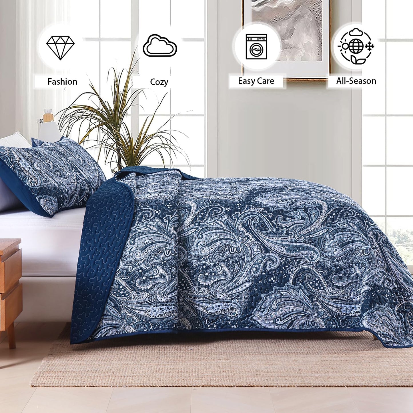 DJY Navy Paisley Quilt Set King Boho Bedspread Coverlet Set 3 Pieces, Soft Lightweight Microfiber Navy Blue Paisley Floral Pattern Bedding for All Season, 110"x90"
