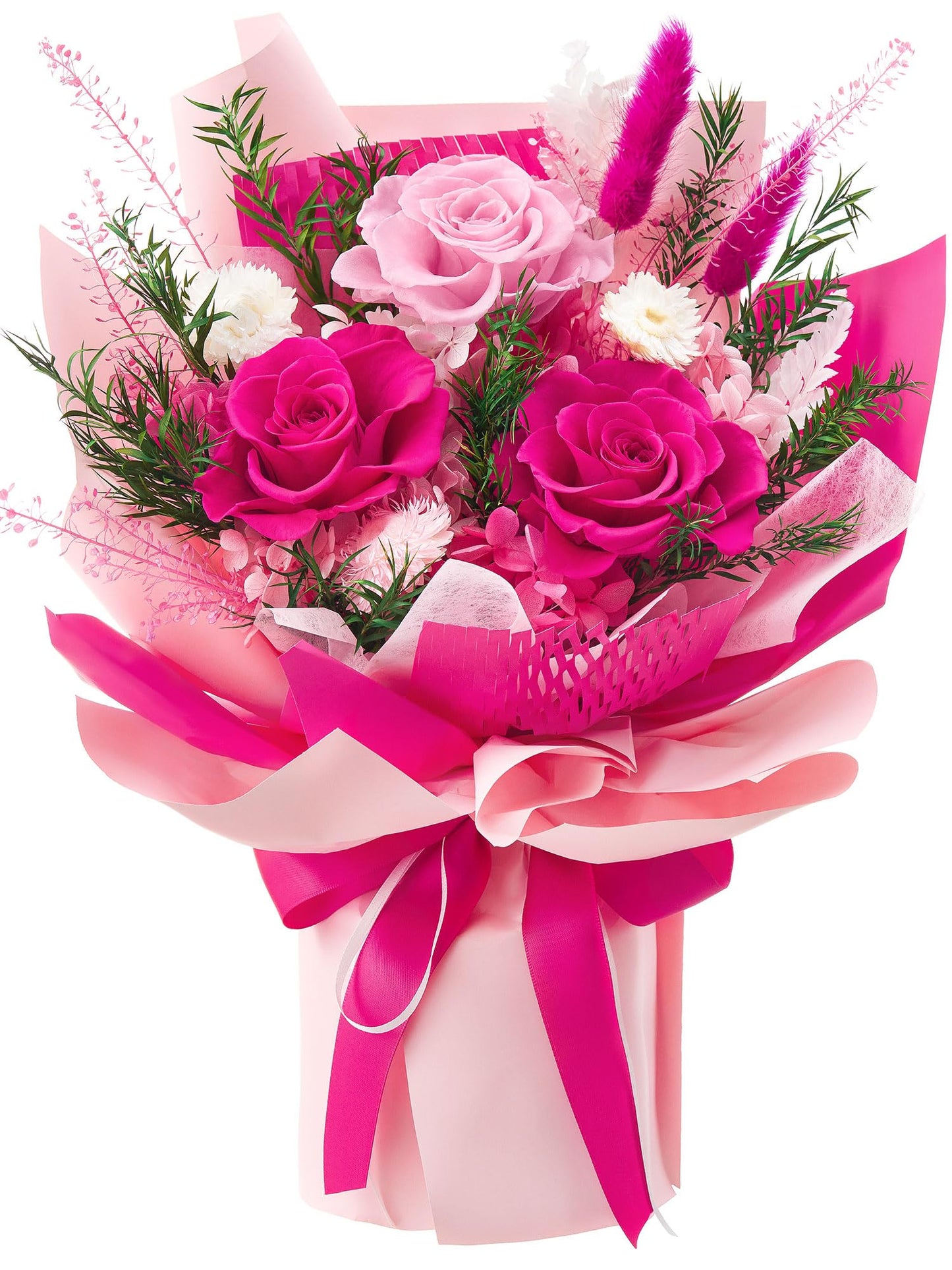 Flomoon Preserved Flowers Bouquet, Forever Flowers for Delivery, Mothers Day Long-Lasting Real Roses Bouquet, Anniversary Birthday Flowers Gifts for Mom Grandma Women Wife Her (Hot Pink)