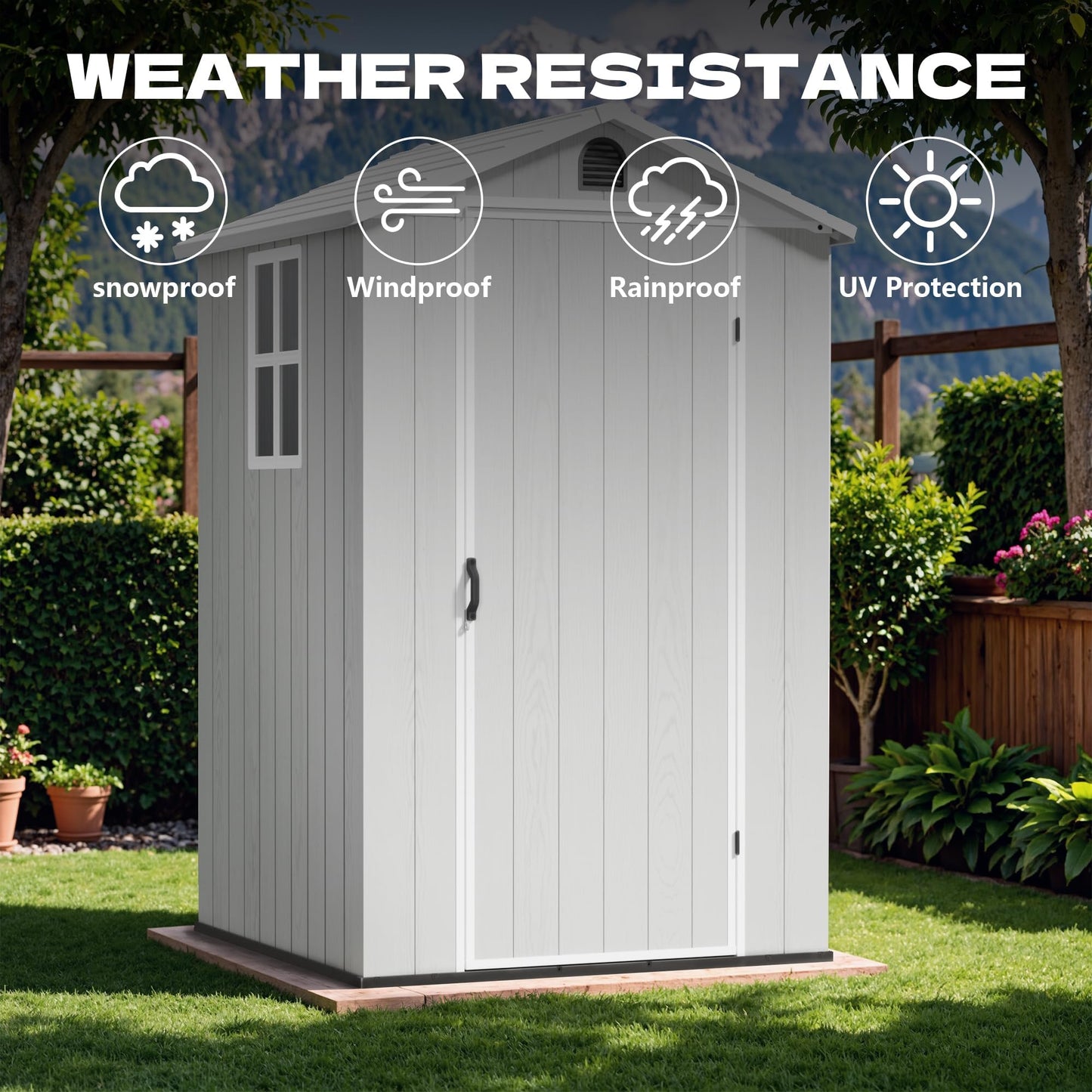 Devoko 4×4 FT Resin Storage Shed with Floor, Plastic Outdoor Garden Shed with Windows and Lockable Doors, Waterproof Outside Tool Sheds for Patio Backyard Lawn, Light Gray