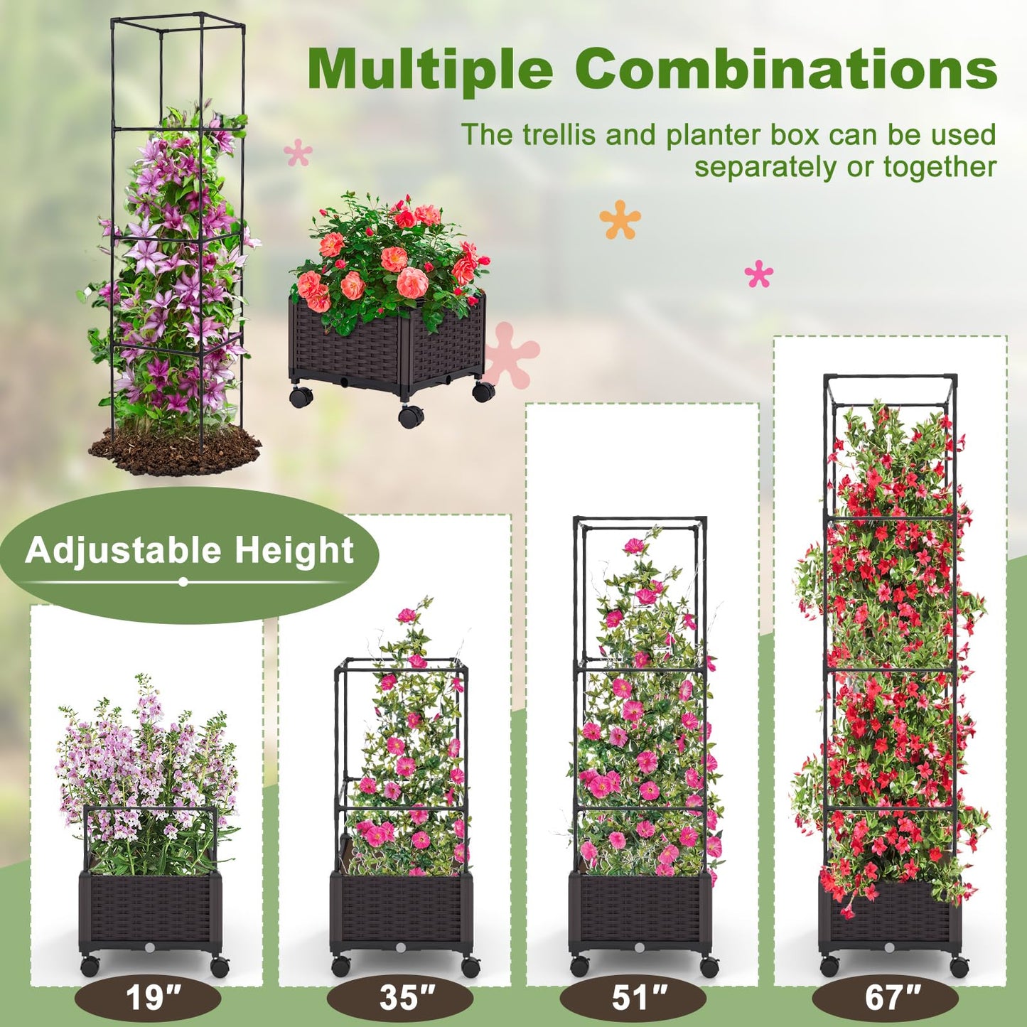 Giantex Raised Garden Bed with Tomato Cages, 67” Adjustable Height, Self Watering Planter Garden Box with Wheels, Trellis for Climbing Plants Vegetable Flower
