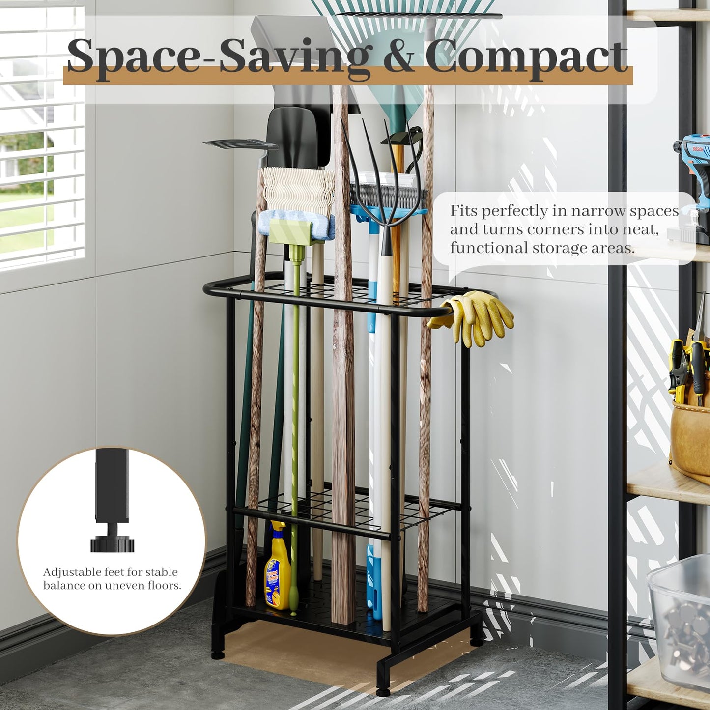 AUGOHCMIL Garden Tool Organizer with Wheels, Heavy Duty Metal Garage Tool Storage Rack, Yard Tool Holder for Long-Handled Tools, Rakes and Brooms, Indoor and Outdoor Use for Shed, Patio