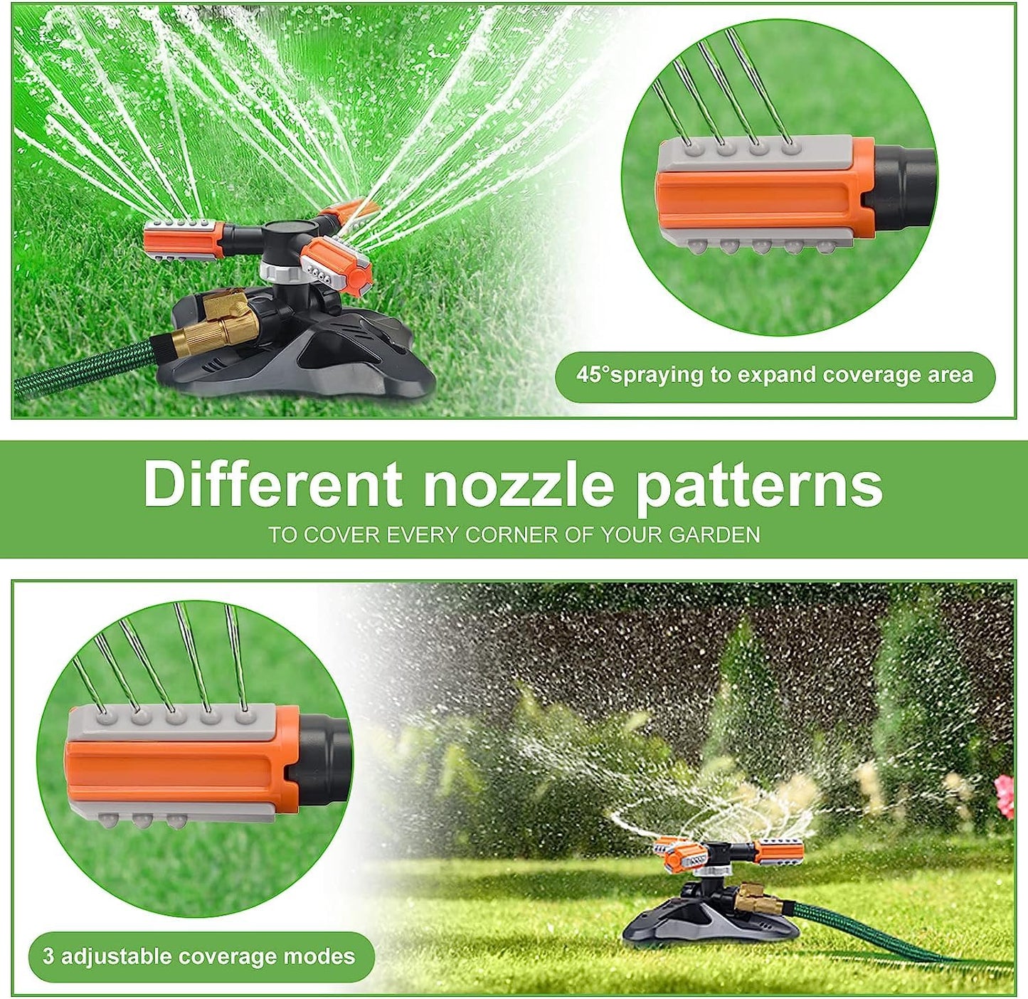 WOVUU Garden Sprinkler,Upgrade Lawn Sprinklers Automatic 360 Degree Rotating Irrigation Grass Water Sprayer System,Garden Hose Sprinkler for Yard/Built in 36 Units Angle Spray Nozzles(Orange)-1Pack