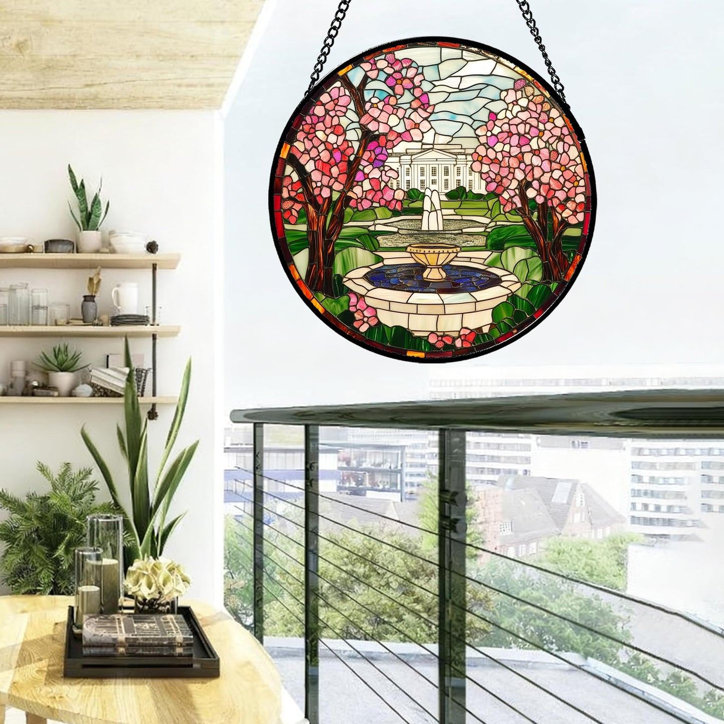CHATYOUNG Stained Glass Window Hanging White House Cherry Blossoms Large 11.8" - Landscape Suncatcher Door Garden Home Decor and Christmas Mother's Day Birthday Gifts Grandma Mom Nana Women Friend