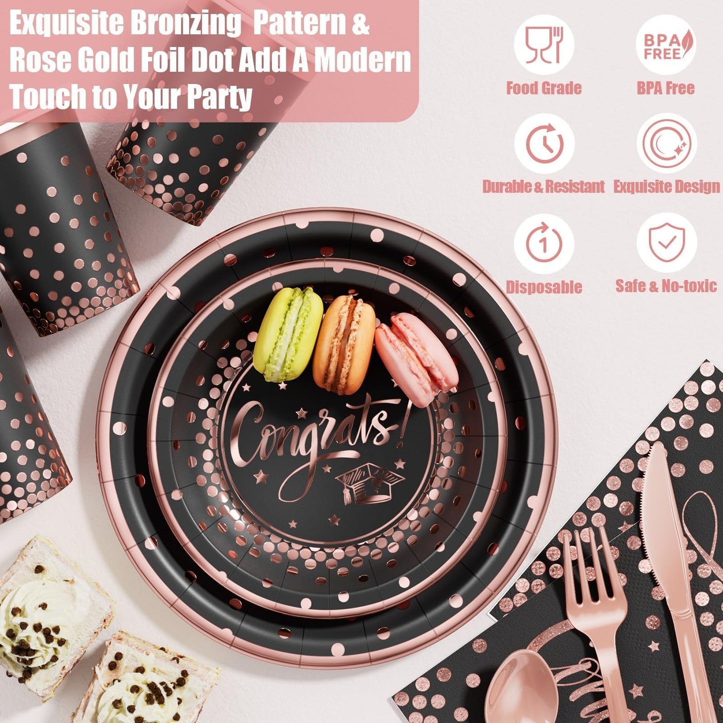 Ecomore 2026 Graduation Party Supplies - 175 PCS Congrats Grad Disposable Dinnerware Set w/Rose Gold Paper Plates Cups Napkins & Plastic Cutlery, Serves 25 Guests for School College Grad Celebration