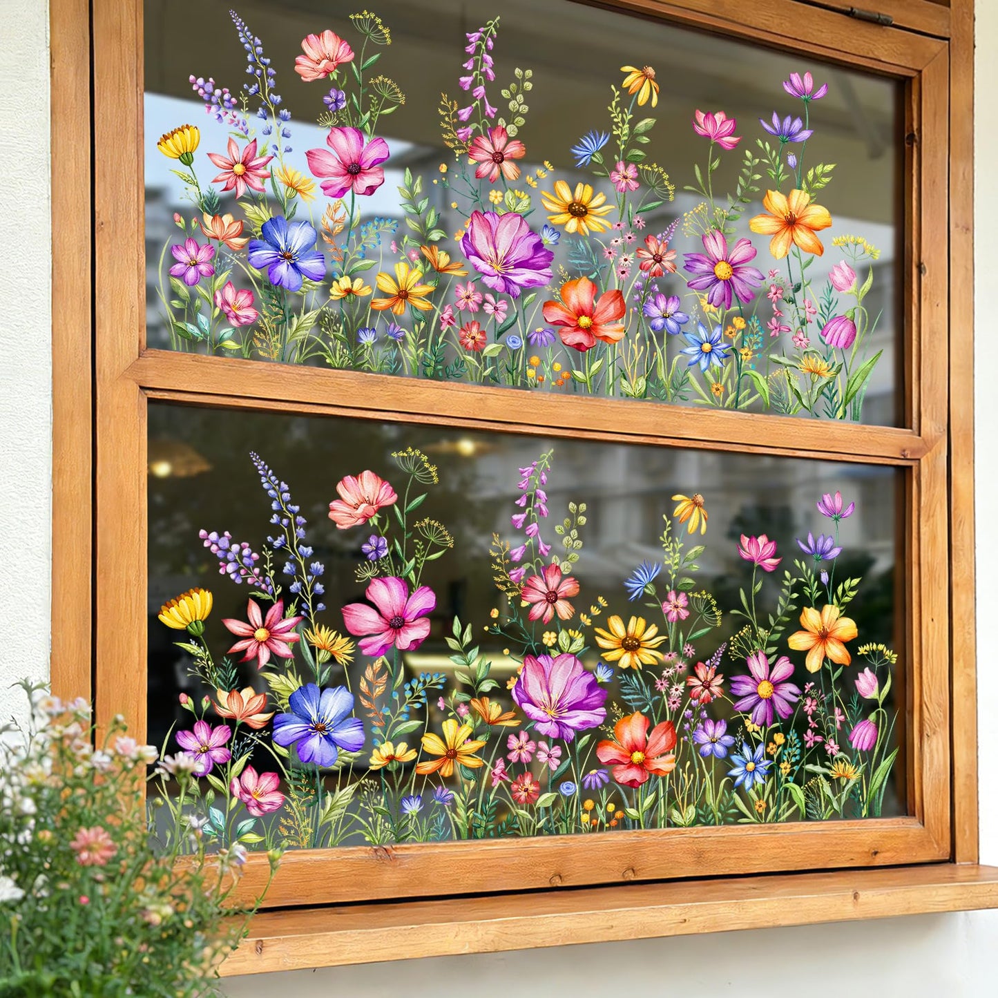 2 Sheets Wildflower Static Window Clings Colorful Spring Summer Floral Window Stickers Double-Sided Anti-Collision Glass Door Mirror Decals